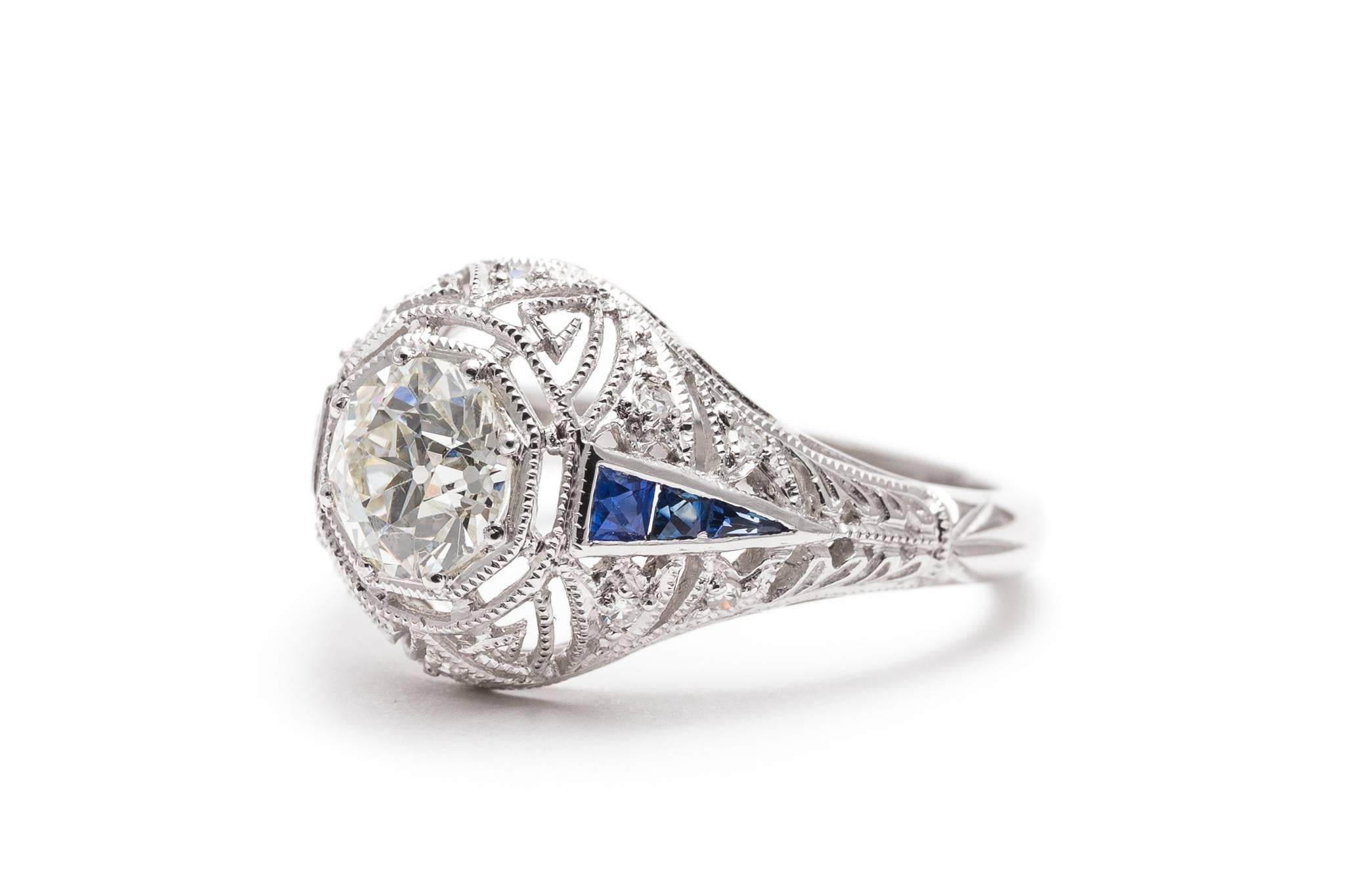 Hand Crafted 1.03 Carat Diamond and Sapphire Engagement Ring In Excellent Condition For Sale In Boston, MA
