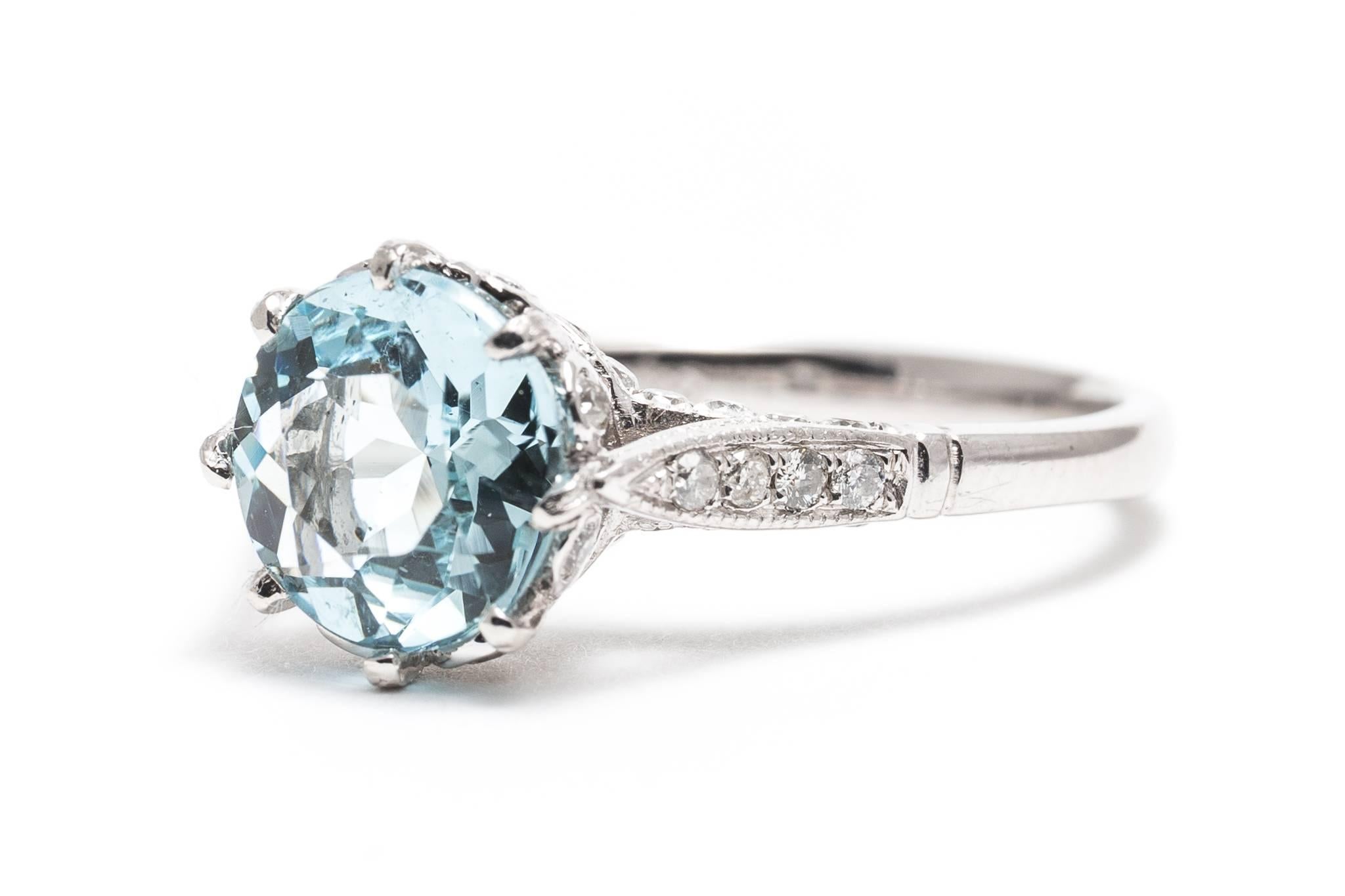  Aquamarine and Pave Diamond Ring in Platinum In Excellent Condition In Boston, MA