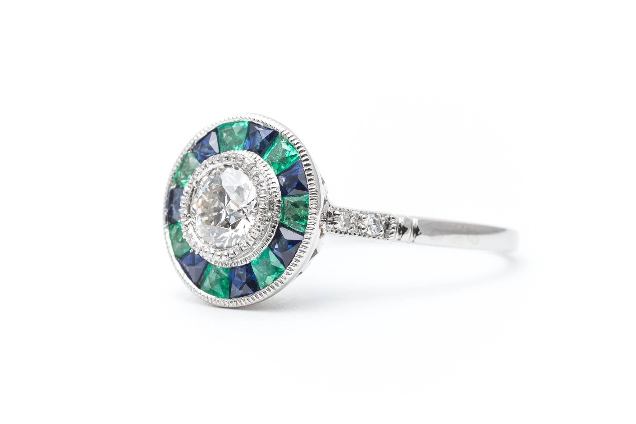 Exciting Emerald, Sapphire and Diamond Target Ring in Platinum In Excellent Condition For Sale In Boston, MA