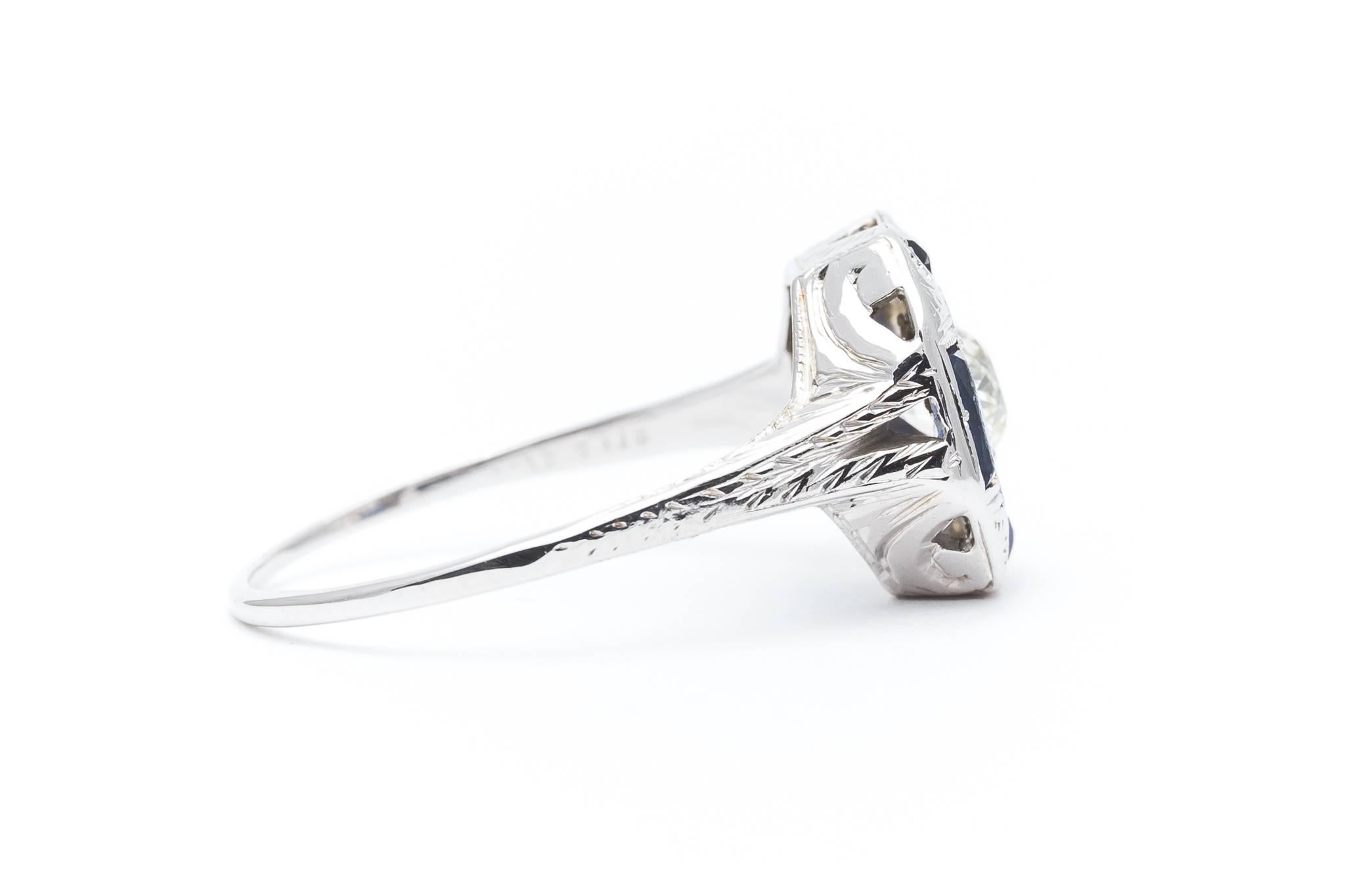 Women's Art Deco 0.55 Carat Diamond, French Cut Sapphire Engagement Ring For Sale