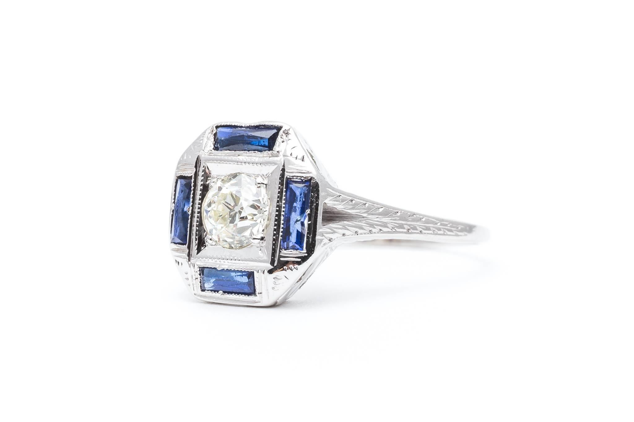 Art Deco 0.55 Carat Diamond, French Cut Sapphire Engagement Ring In Excellent Condition For Sale In Boston, MA