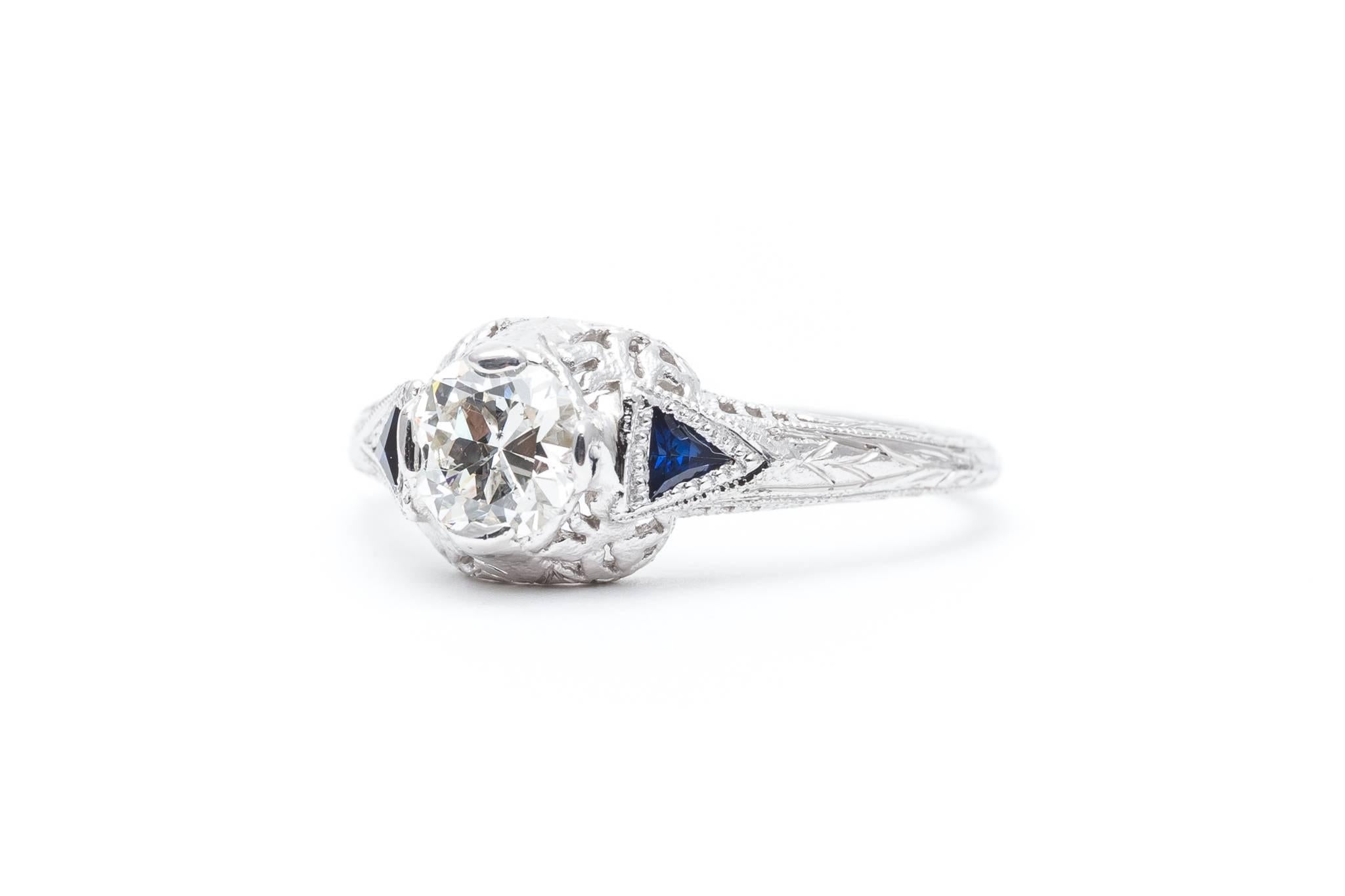 Hand Engraved Diamond, Sapphire Art Deco Filigree Engagement Ring In Excellent Condition For Sale In Boston, MA