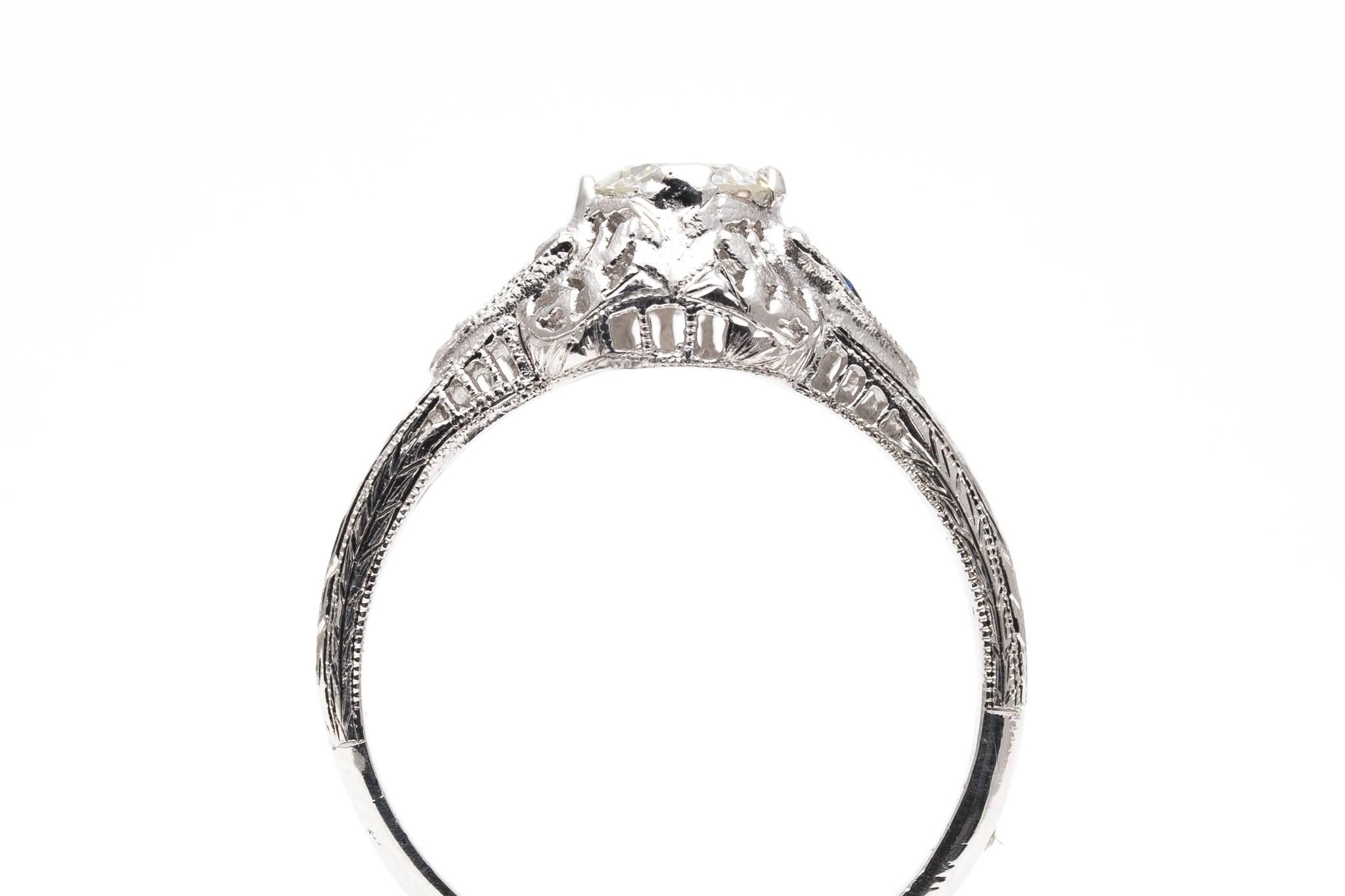 Hand Engraved Diamond, Sapphire Art Deco Filigree Engagement Ring For Sale 1