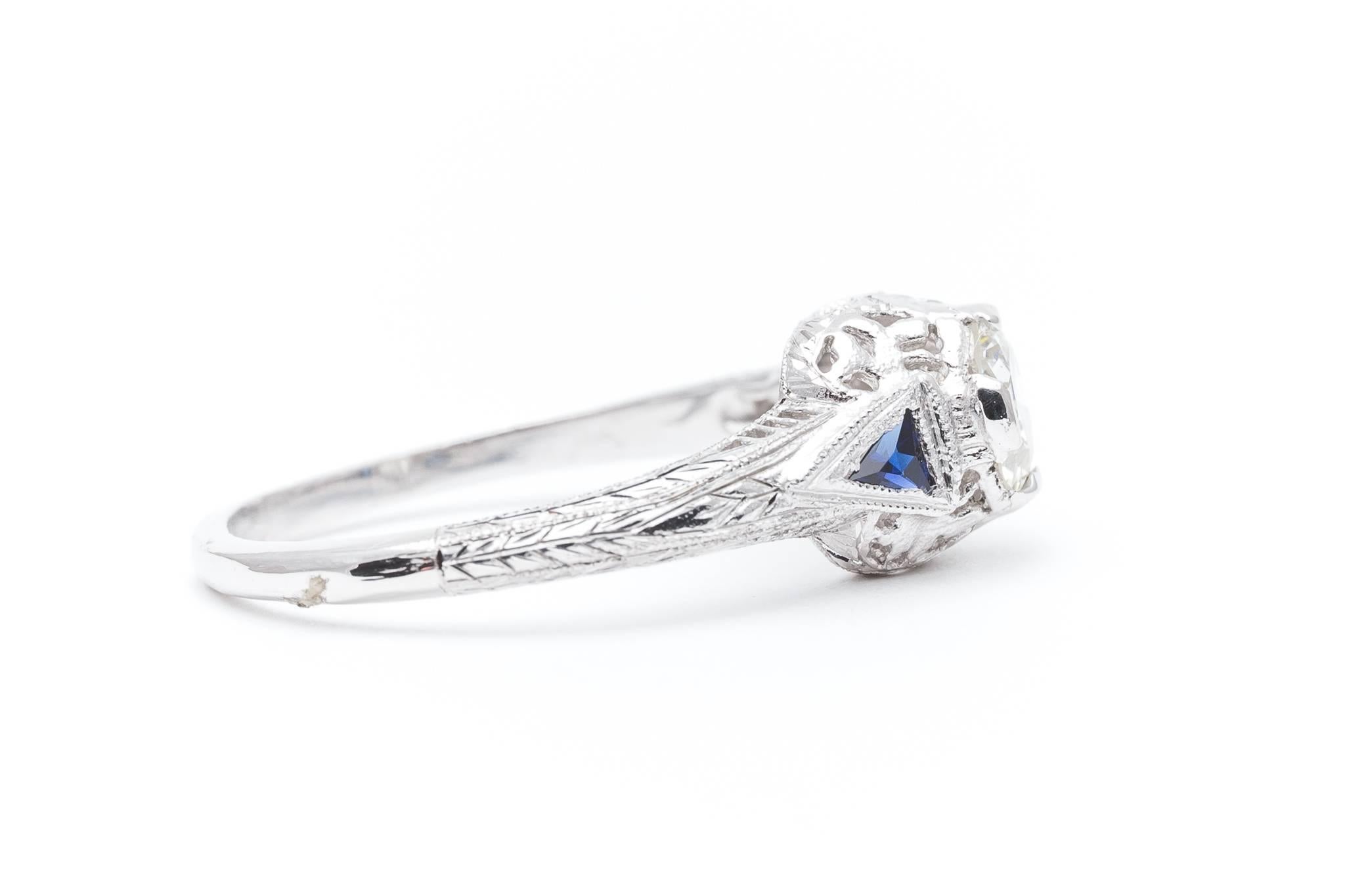 Women's Hand Engraved Diamond, Sapphire Art Deco Filigree Engagement Ring For Sale