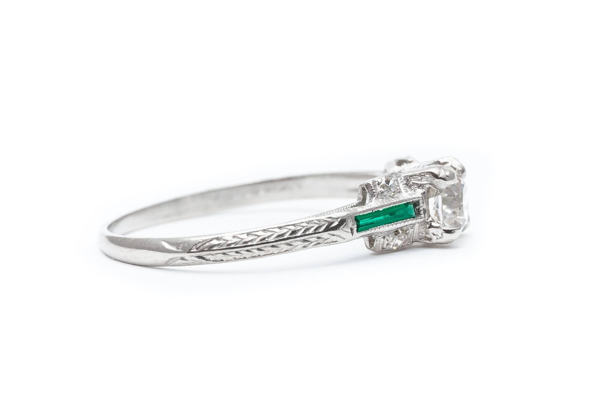 Women's Art Deco Period 0.62 Carat Diamond, Emerald Engagement Ring in Platinum For Sale