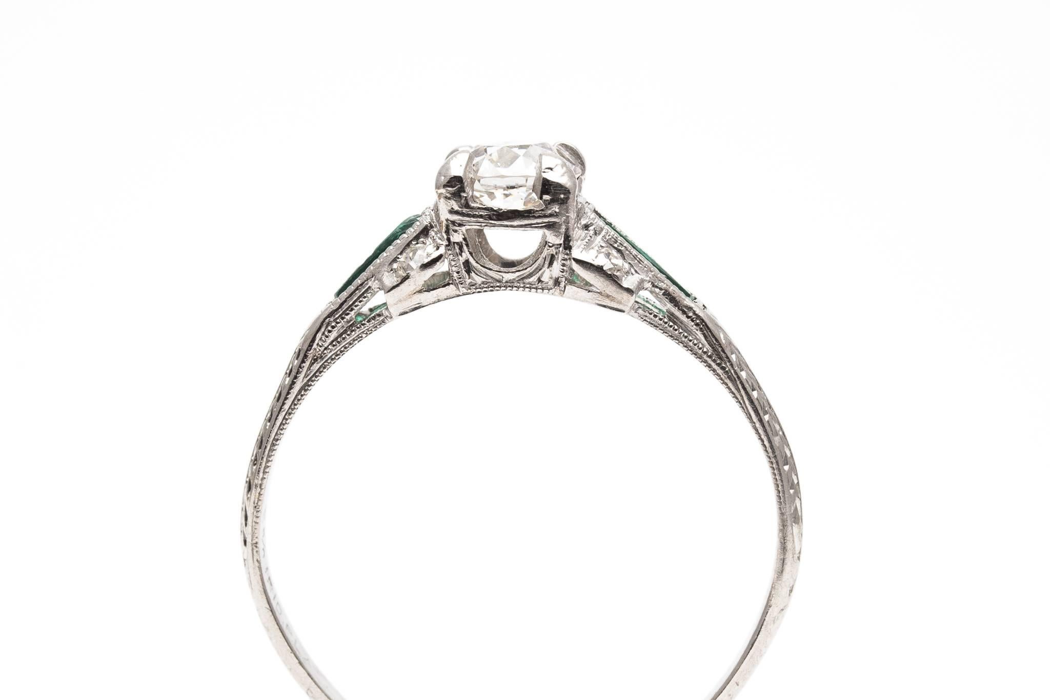Art Deco Period 0.62 Carat Diamond, Emerald Engagement Ring in Platinum For Sale 1