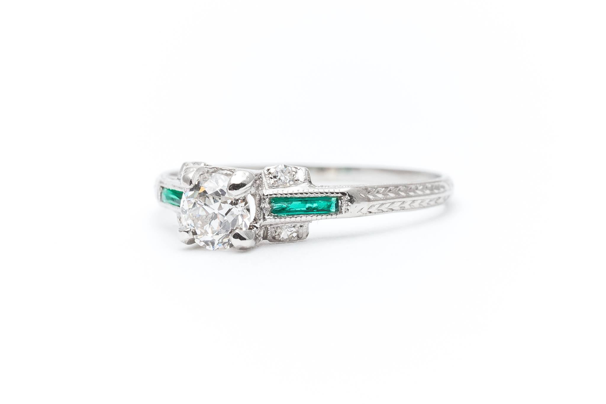 Art Deco Period 0.62 Carat Diamond, Emerald Engagement Ring in Platinum In Excellent Condition For Sale In Boston, MA