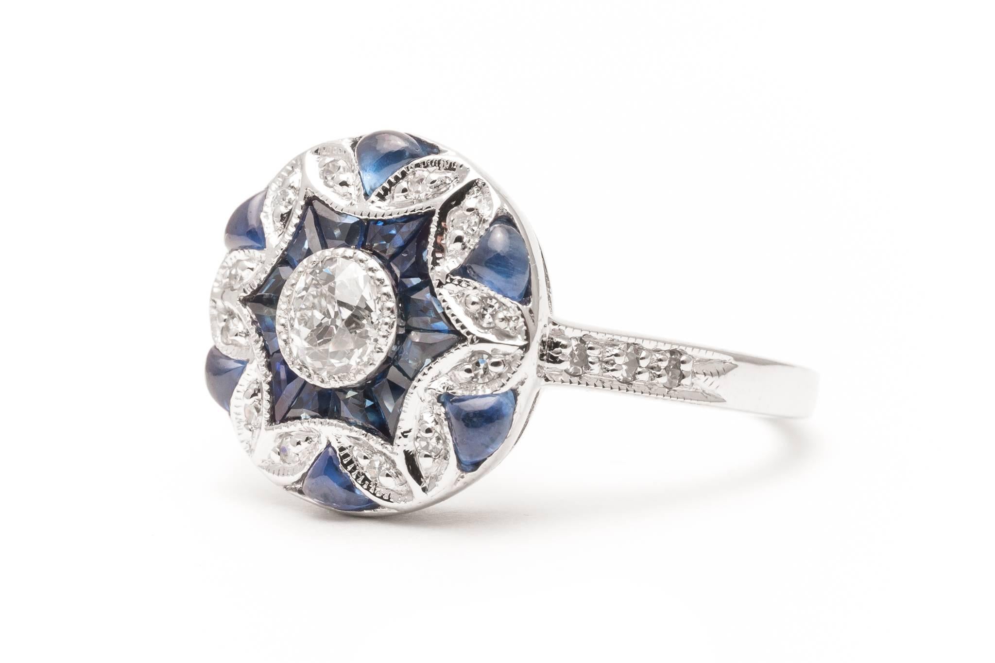 Exquisite Diamond and French Cut Sapphire White Gold Ring In Excellent Condition In Boston, MA