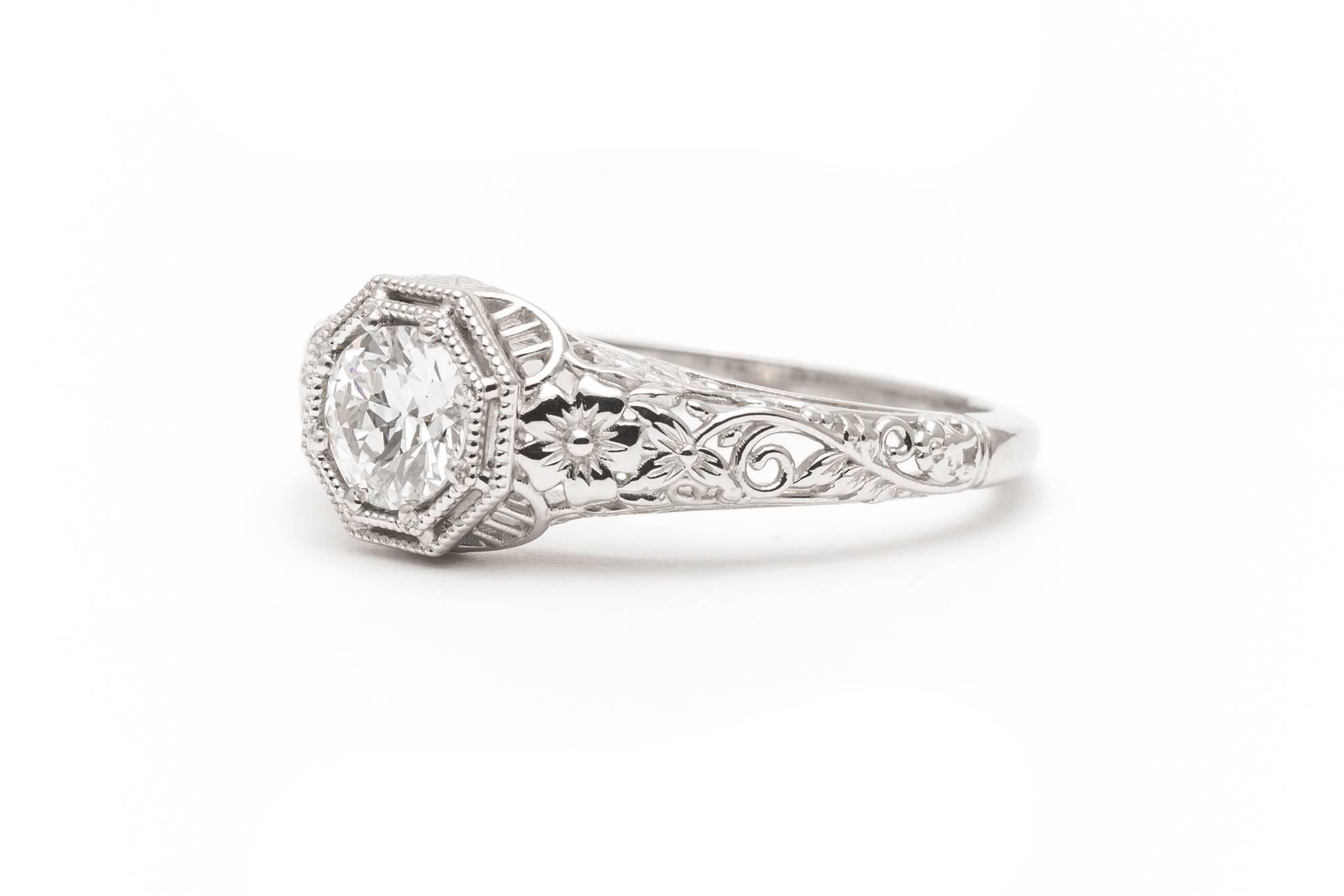 Old European Cut Floral Filigree Diamond Platinum Engagement Ring For Sale