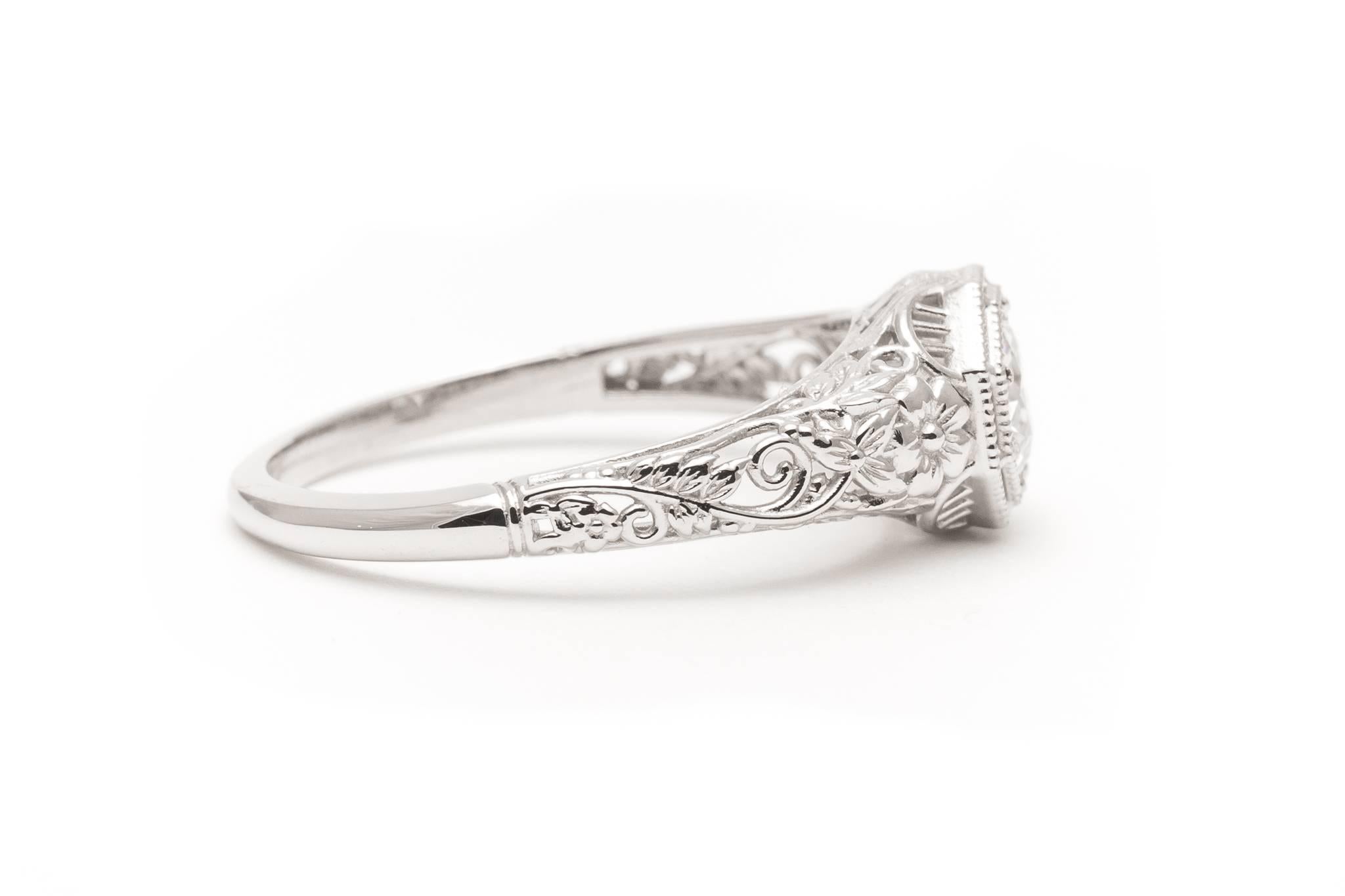 Floral Filigree Diamond Platinum Engagement Ring In Excellent Condition For Sale In Boston, MA