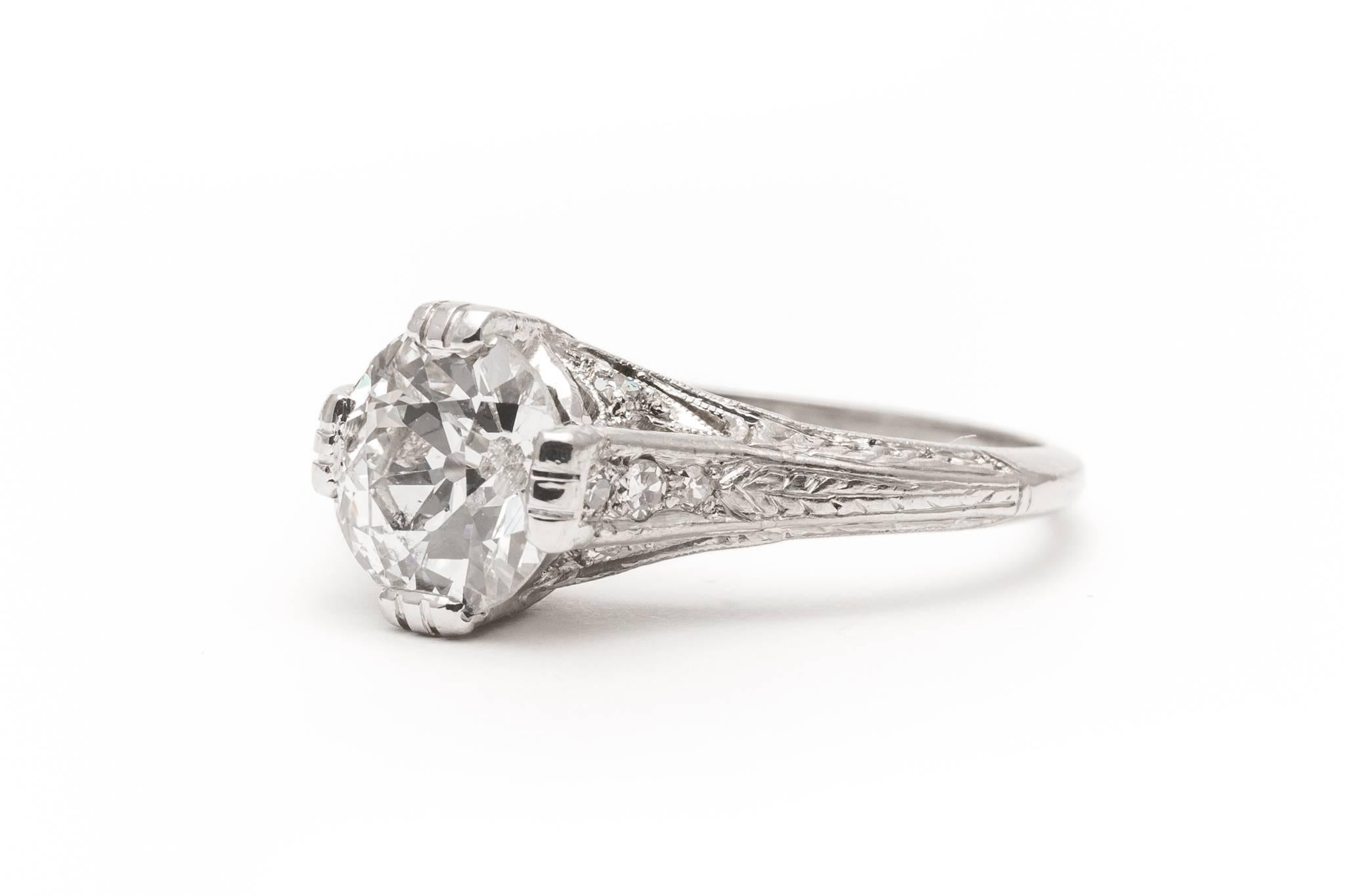 Old European Cut Art Deco 1.75 Carat Diamond Platinum Engagement Ring For Sale