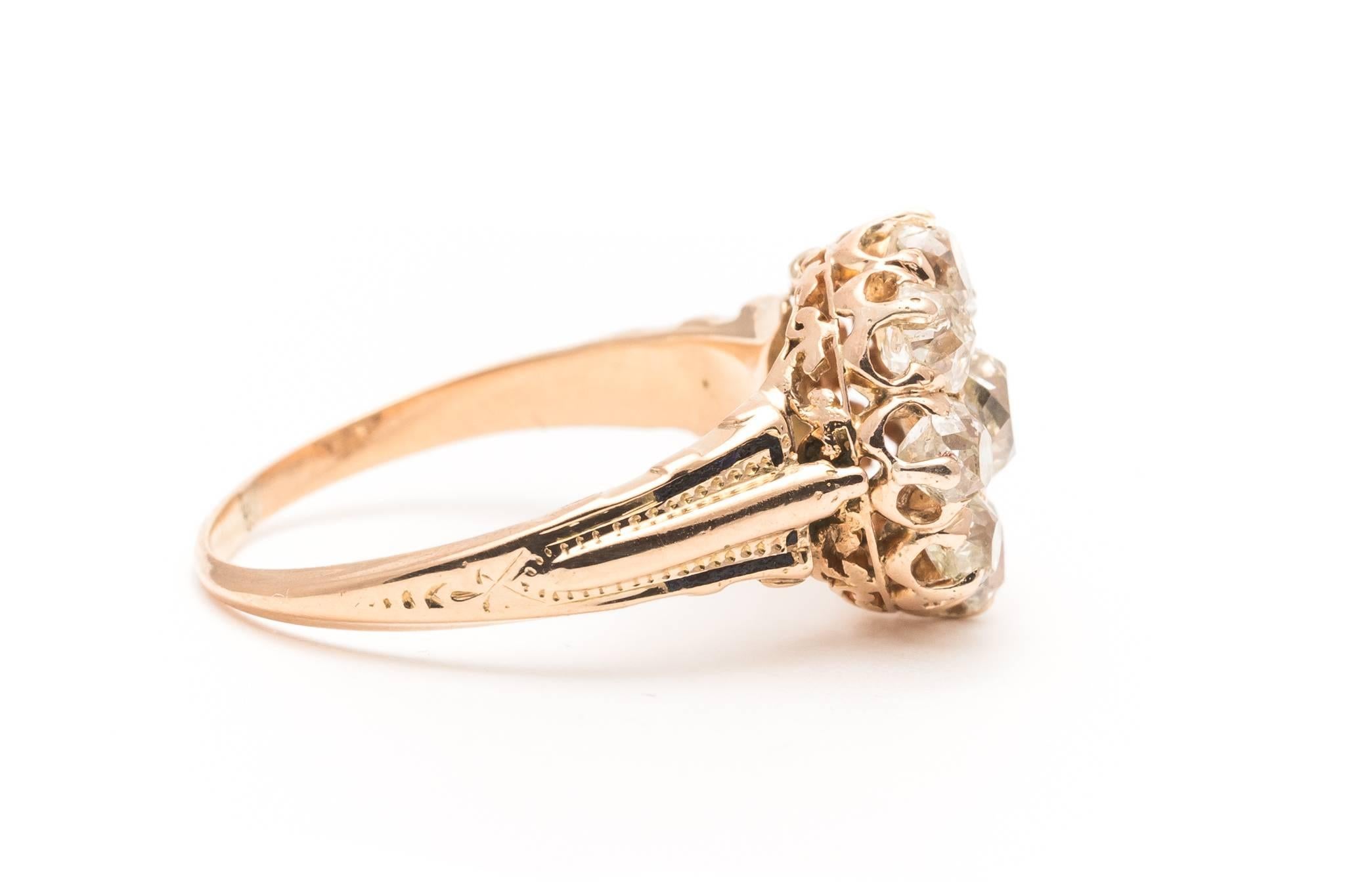 Women's Victorian 2.10 Carat Diamond Cluster Engagement Yellow Gold Ring 