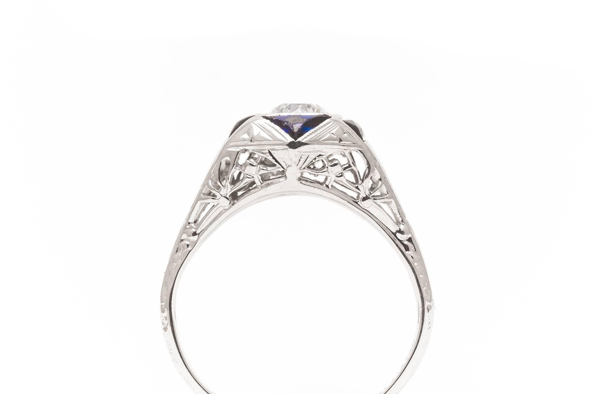 Women's Belais Brothers Art Deco Sapphire Diamond White Gold Engagement Ring For Sale