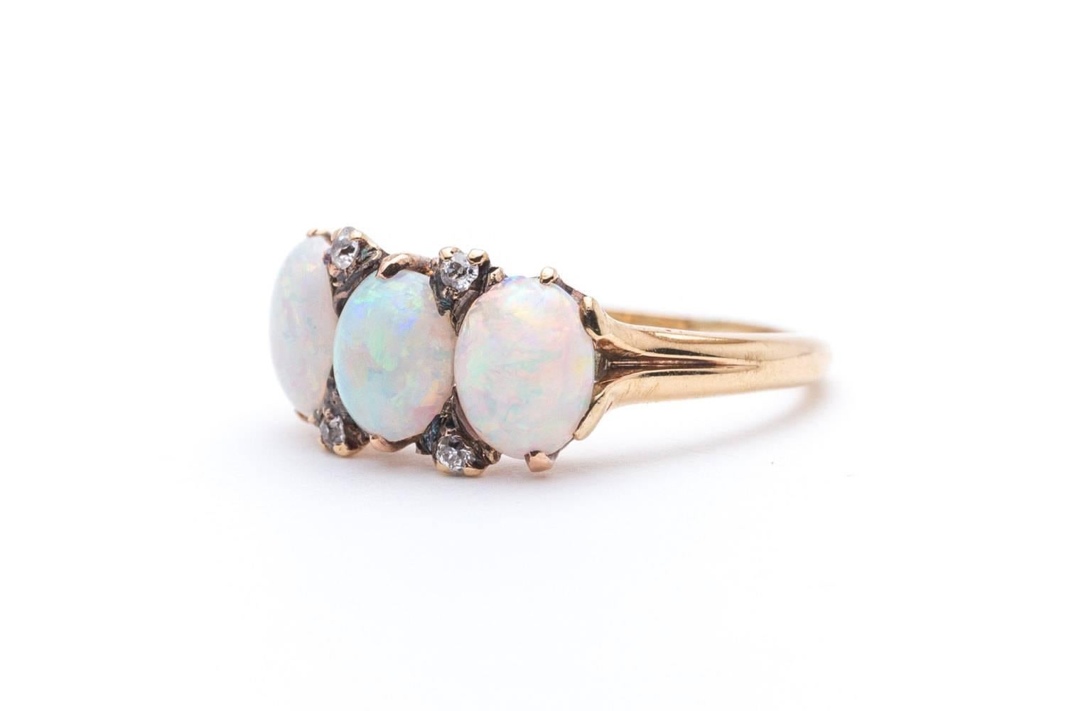 Victorian Opal Diamond Yellow Gold Trilogy Ring  In Excellent Condition For Sale In Boston, MA
