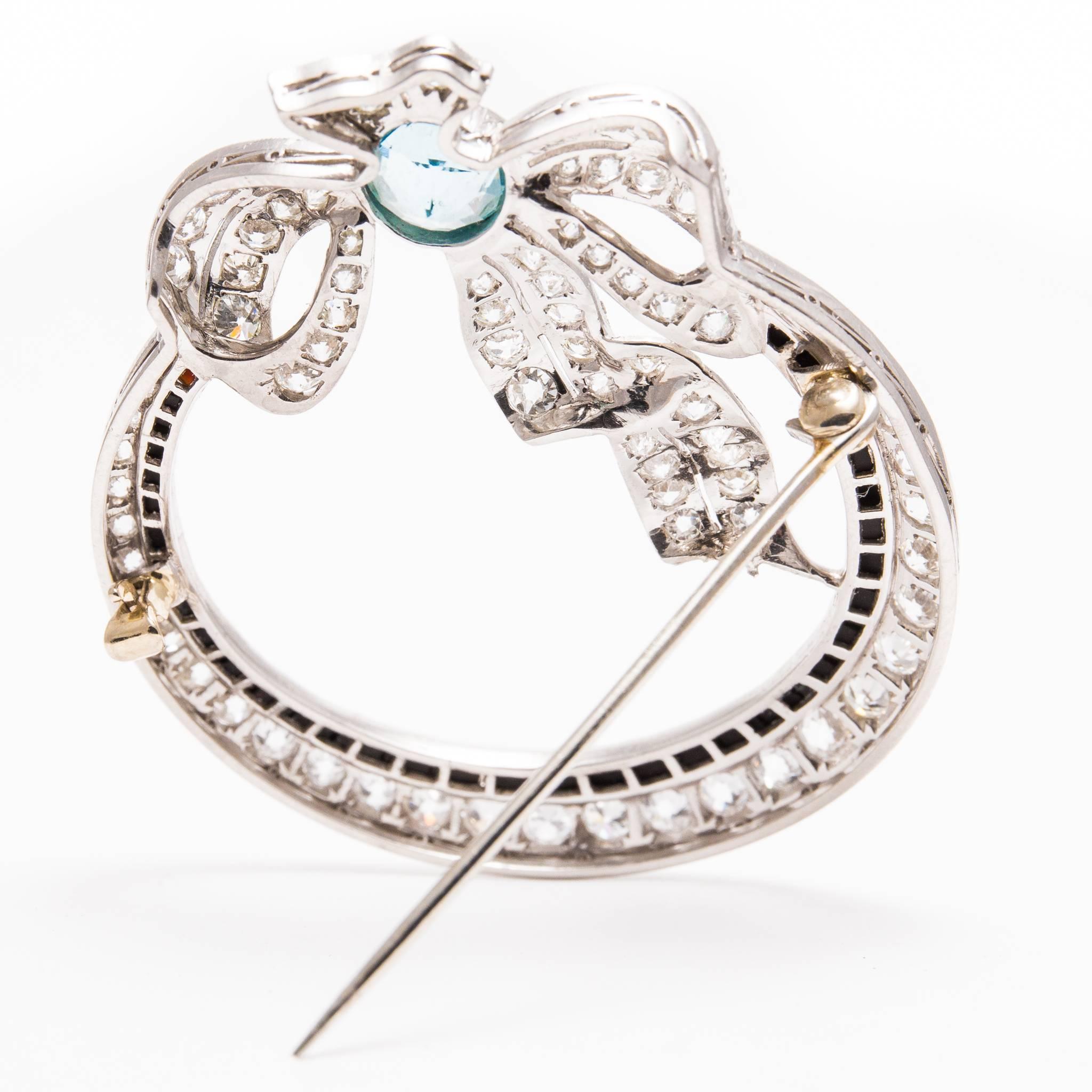 Spectacular Art Deco Aquamarine Diamond and Onyx Brooch in Platinum For Sale 1