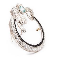 Spectacular Art Deco Aquamarine Diamond and Onyx Brooch in Platinum