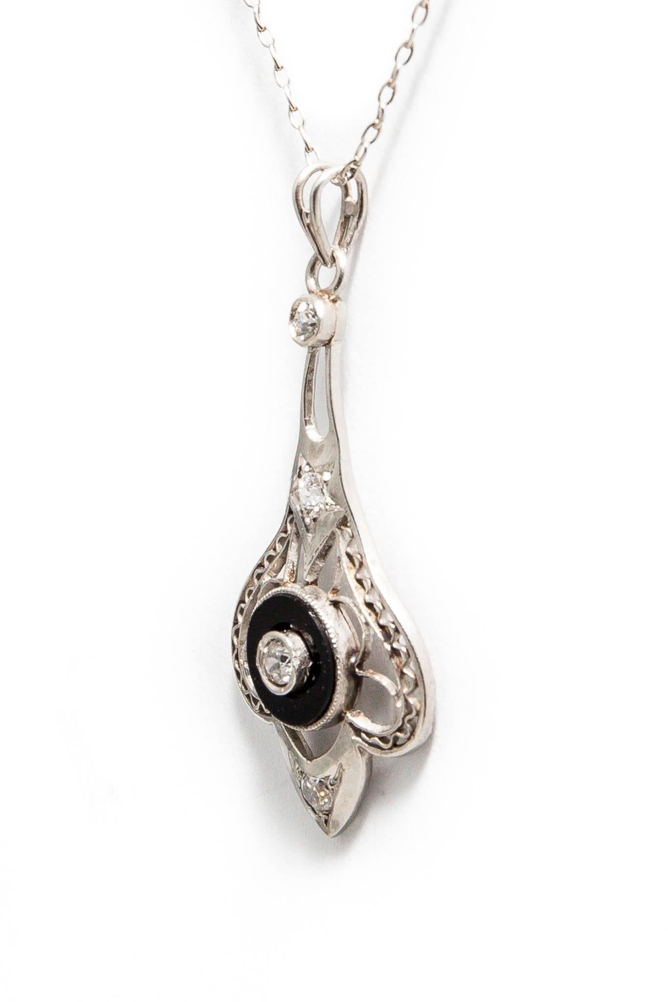 Women's Platinum Art Deco Onyx and European Cut Diamond Pendant Necklace