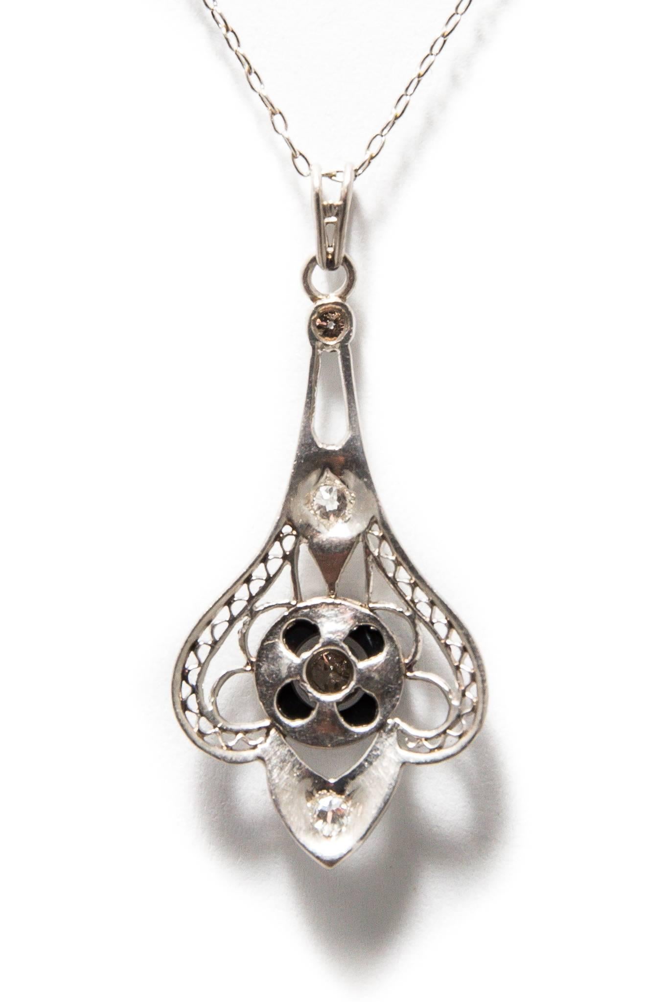Platinum Art Deco Onyx and European Cut Diamond Pendant Necklace 1