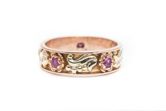 Retro Floral Ruby Yellow and Rose Gold Wedding Band Ring