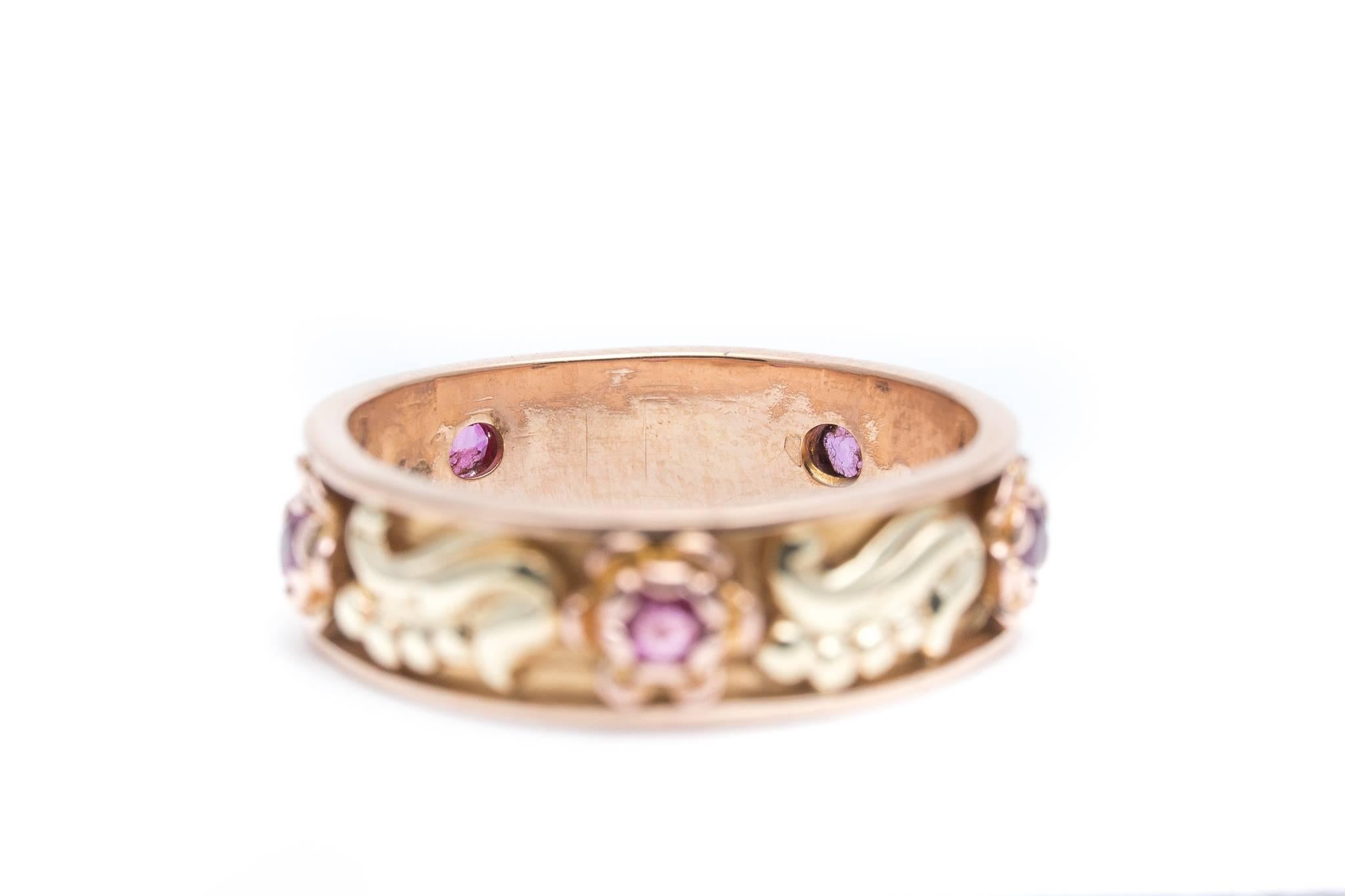 Old European Cut Retro Floral Ruby Yellow and Rose Gold Wedding Band Ring For Sale