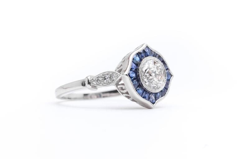 Spectacular French Cut Sapphire Diamond Platinum Target Compass Ring ...