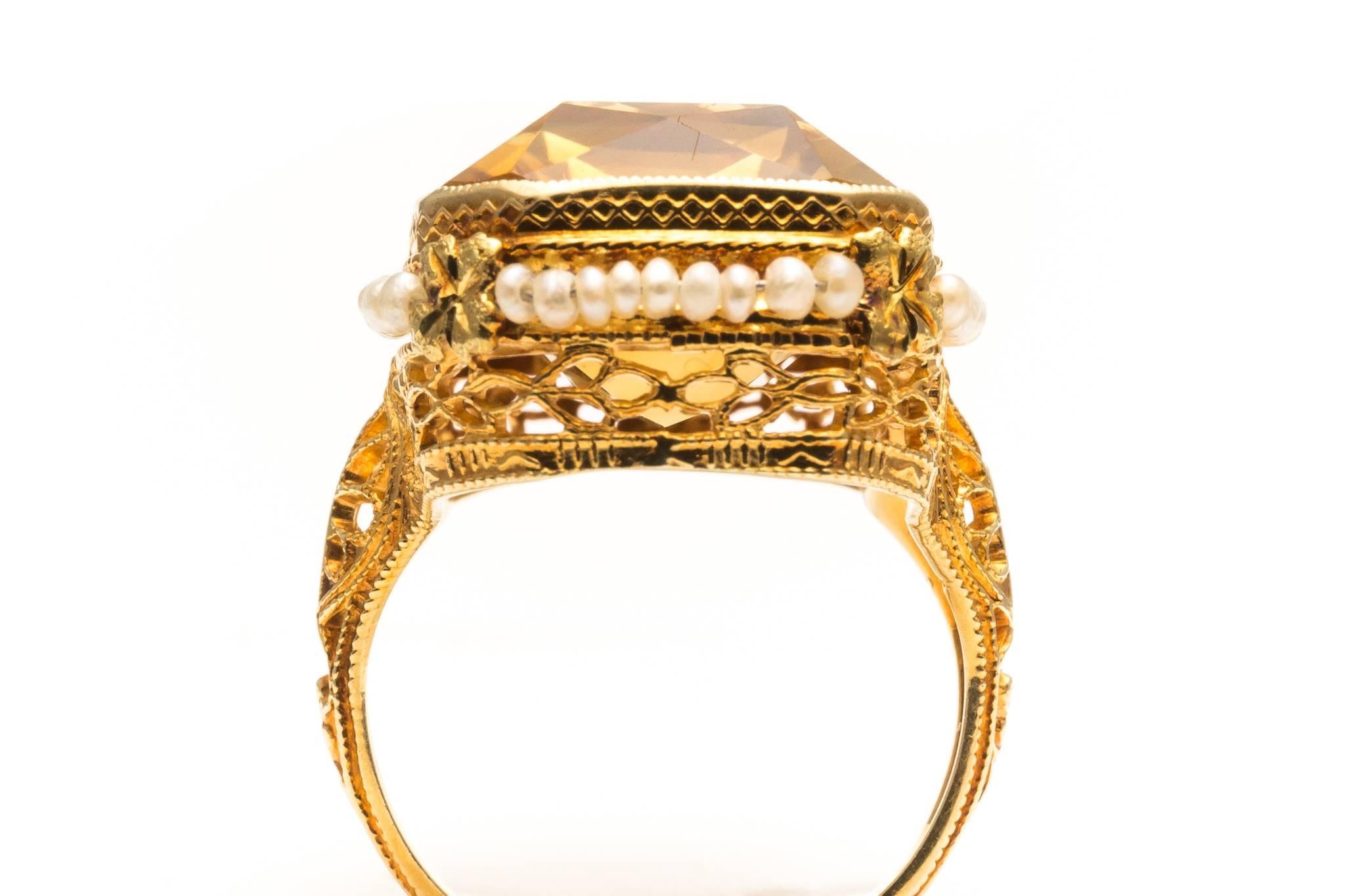 Art Deco Citrine Pearl Yellow Gold Filigree Ring  1