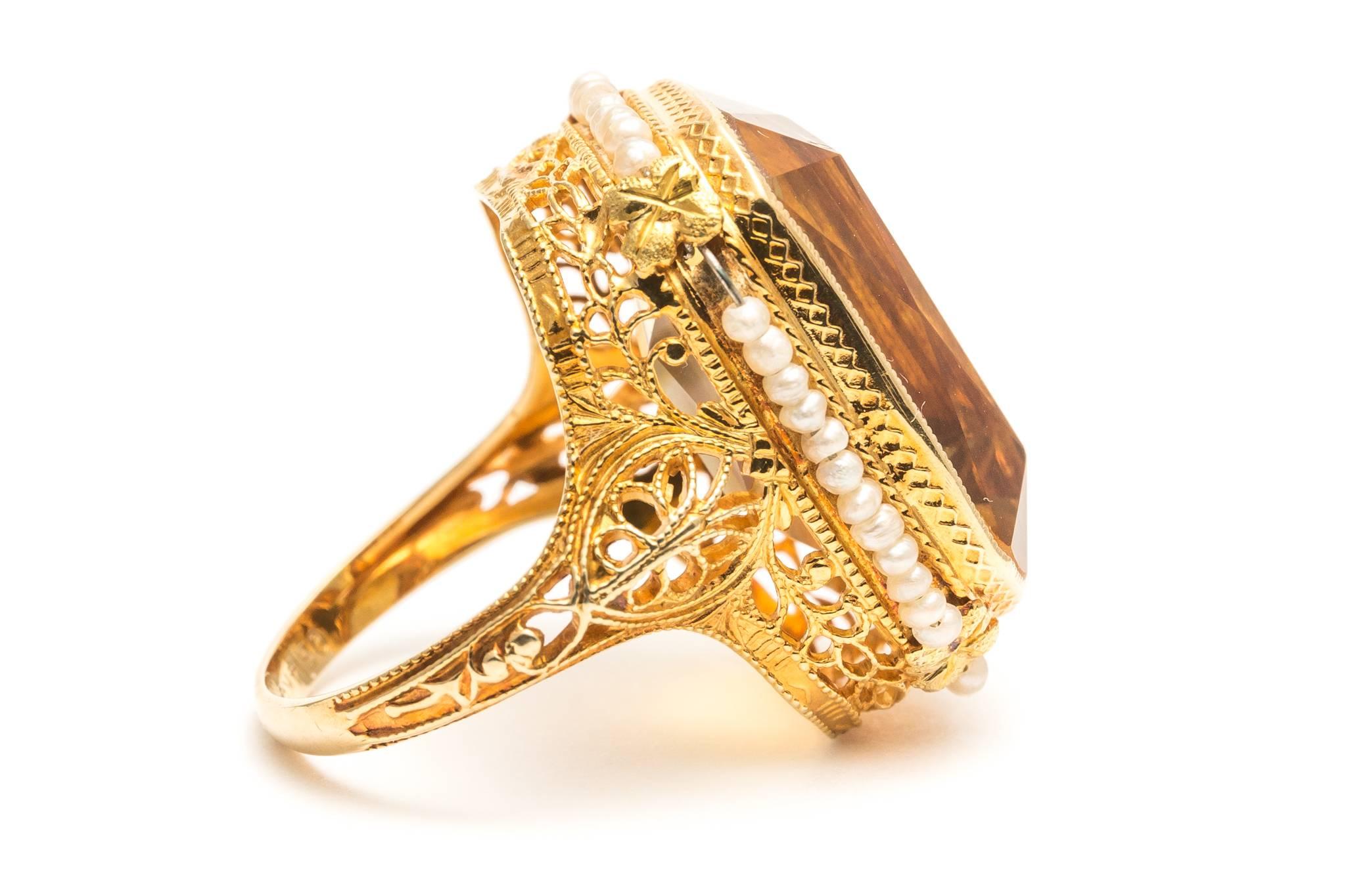 Women's Art Deco Citrine Pearl Yellow Gold Filigree Ring 