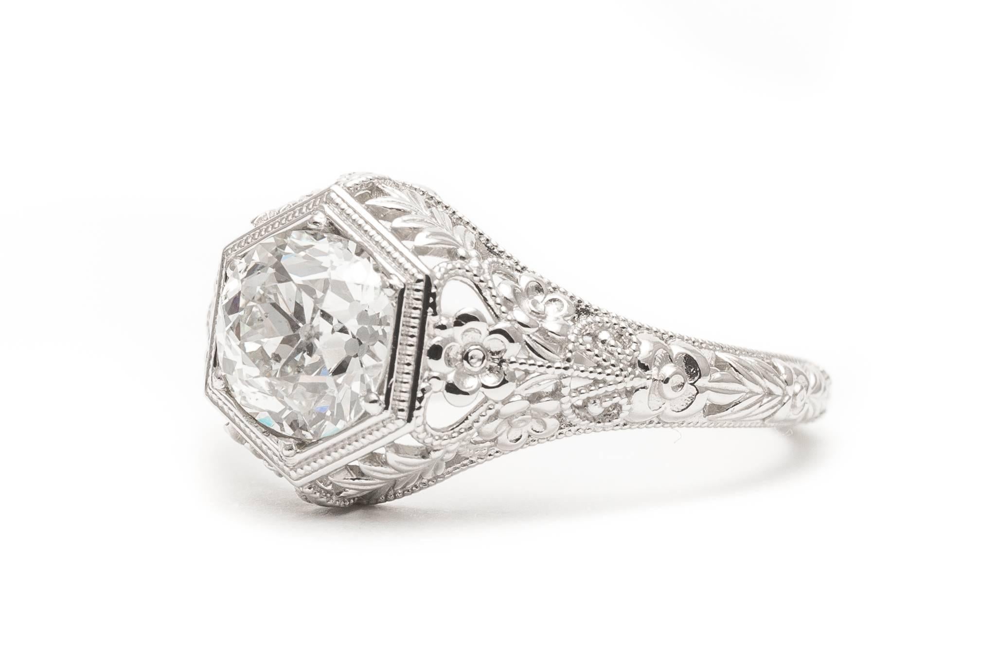 Old European Cut Handmade 1.20 Carat Diamond Platinum Floral Filigree Engagement Ring  For Sale