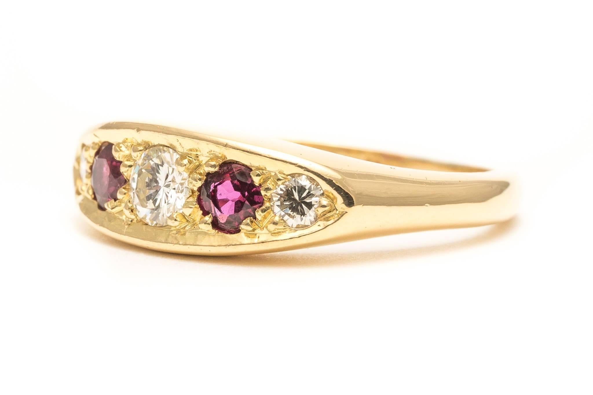 English Ruby Diamond Yellow Gold Band Ring In Excellent Condition In Boston, MA