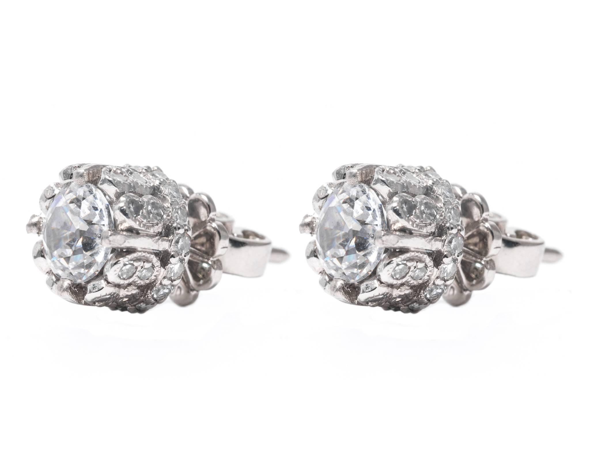 Unique Pave Set European Cut Diamond Stud Earrings in Platinum In Excellent Condition For Sale In Boston, MA