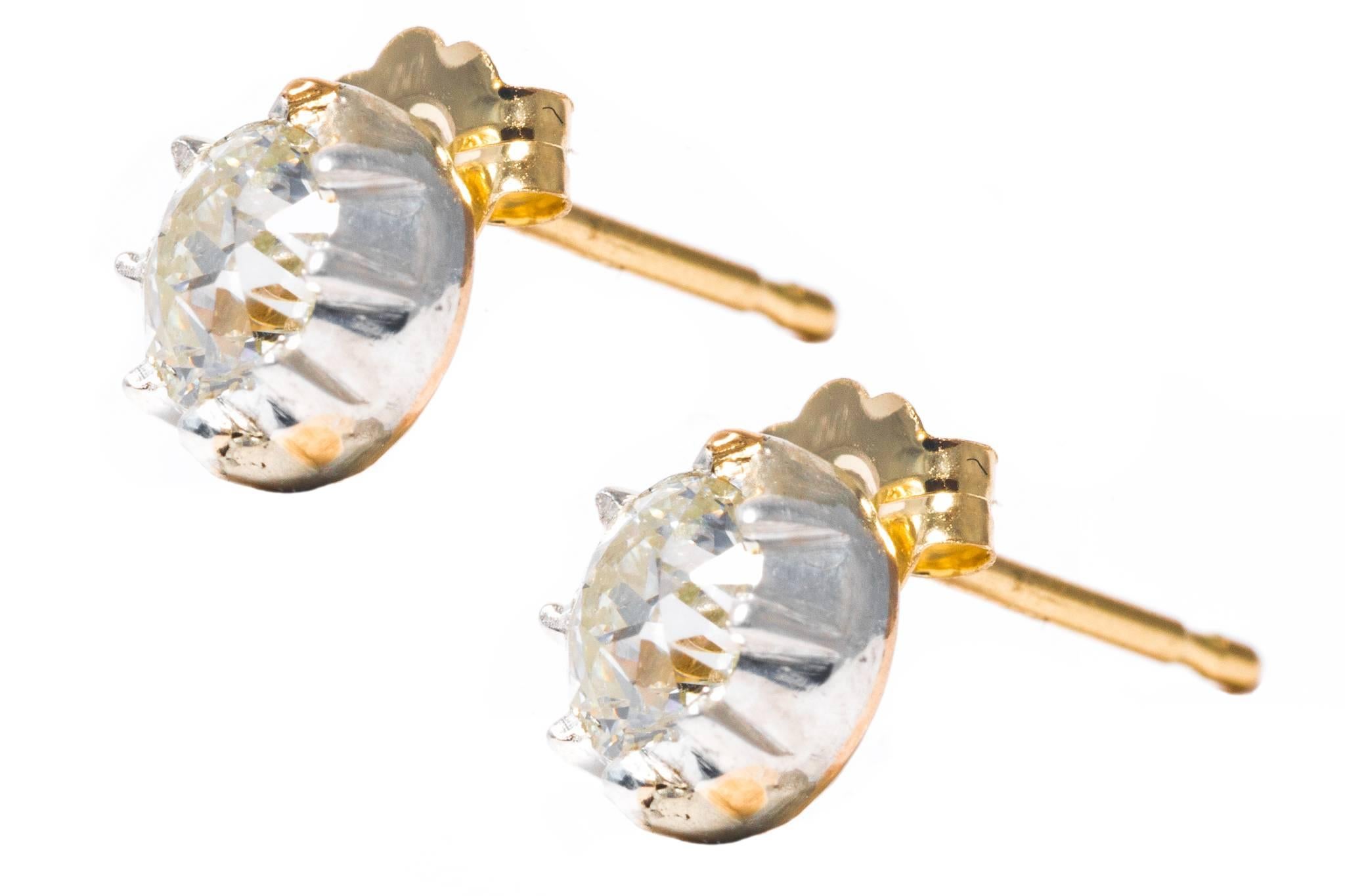 Georgian 0.40 Carat Diamond Silver Yellow Gold Stud Earrings For Sale