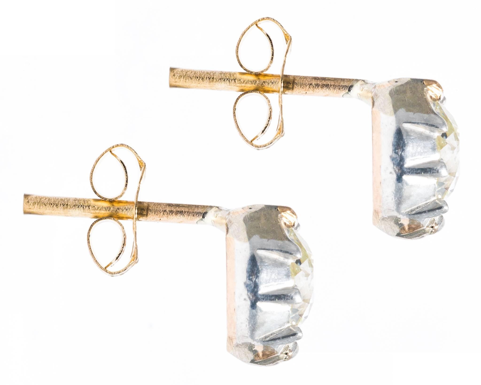 0.40 Carat Diamond Silver Yellow Gold Stud Earrings In Excellent Condition For Sale In Boston, MA