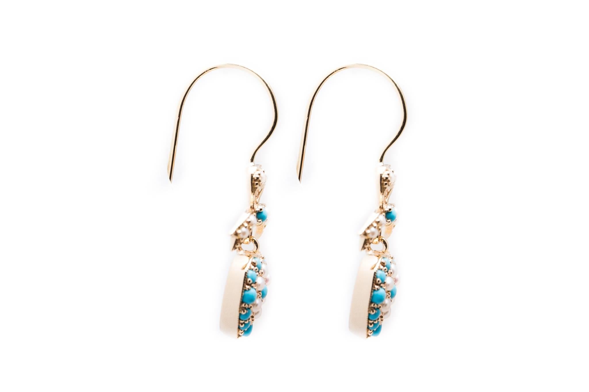Women's Dangling Turquoise and Pearl Heart Earrings in Yellow Gold For Sale