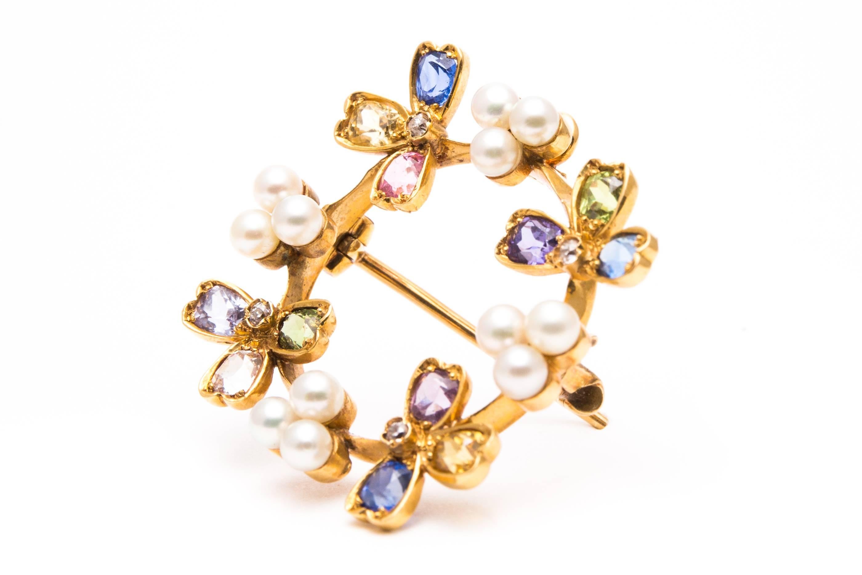 Edwardian Tiffany & Co. Rare Multicolor Pearl Sapphire Diamond Yellow Gold Pendant