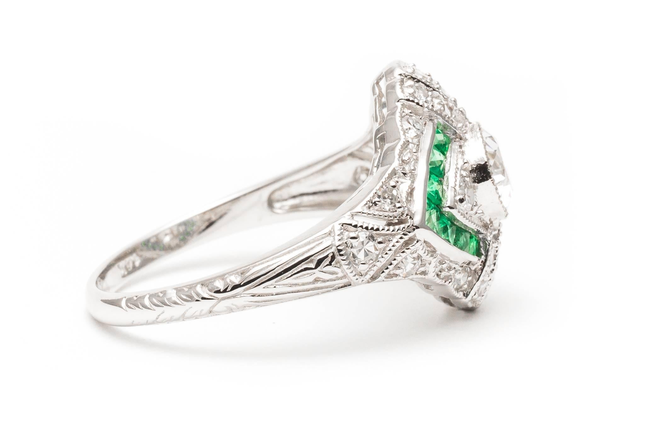 Women's Vibrant French Cut Emerald Diamond White Gold Ring  For Sale