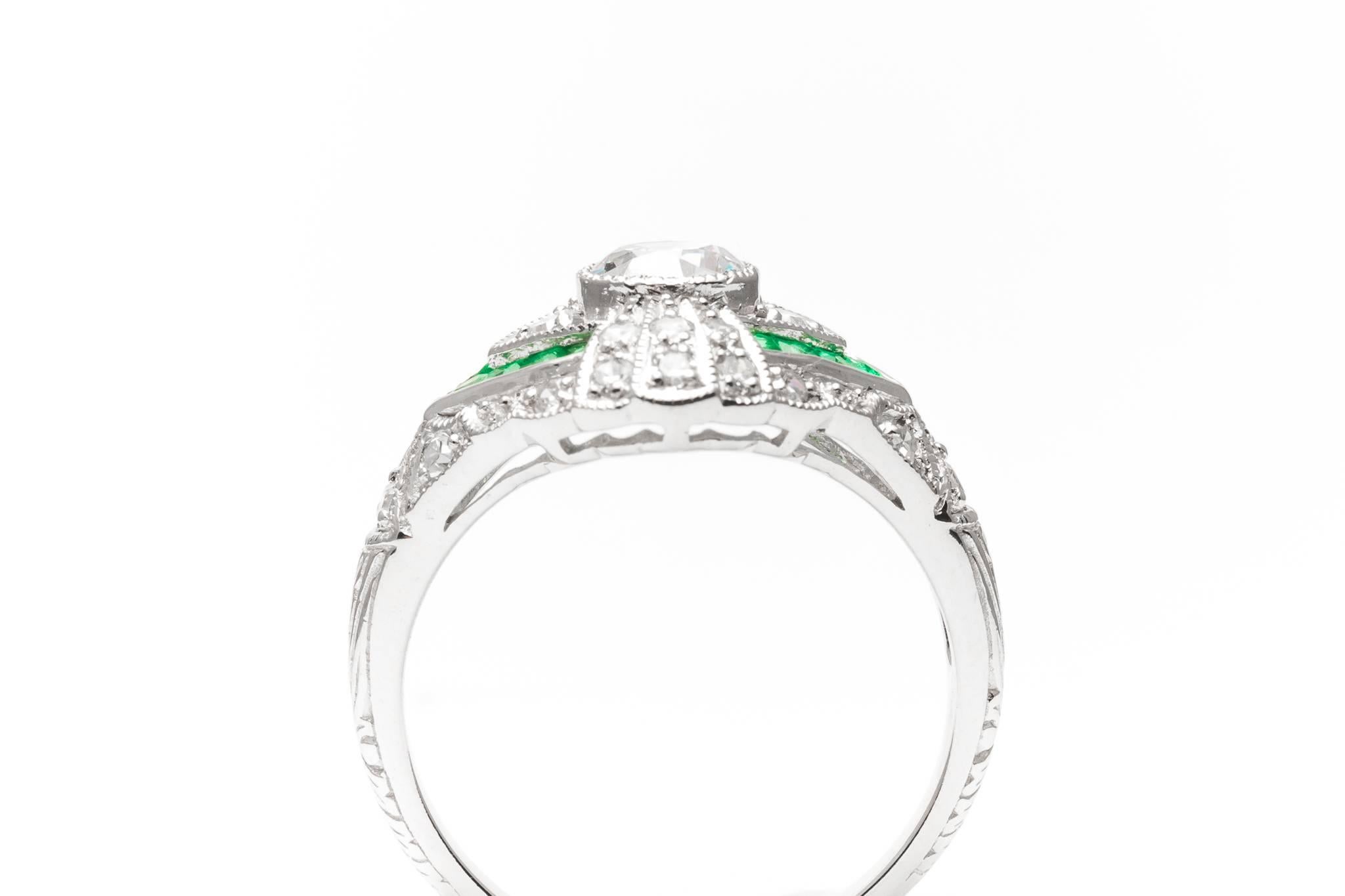 Vibrant French Cut Emerald Diamond White Gold Ring  For Sale 1