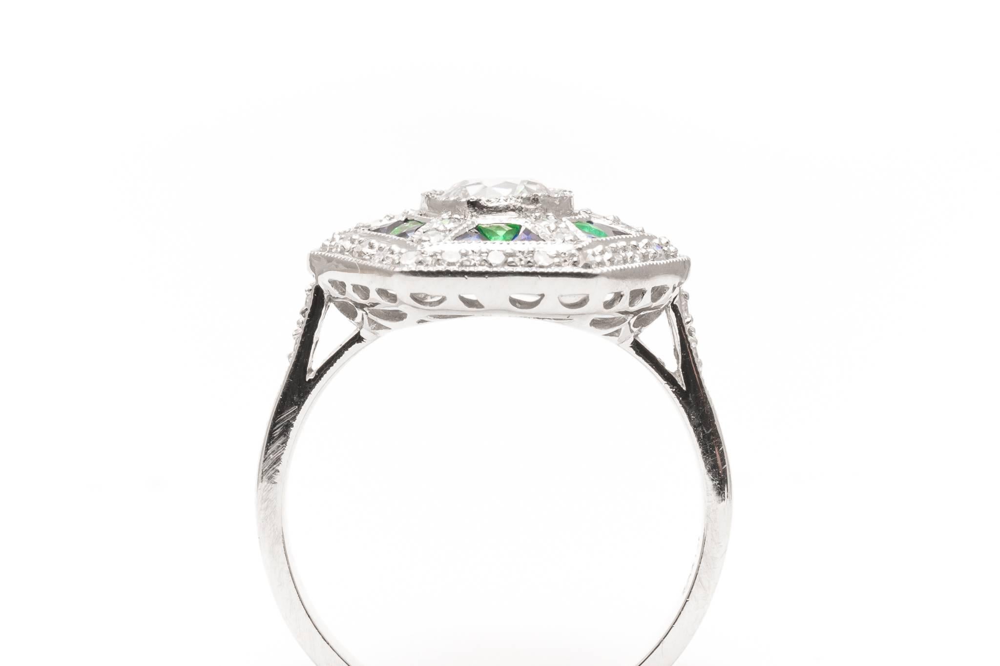  Sapphire Emerald Diamond Platinum Engagement Ring  For Sale 1