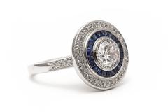 Striking Double Halo Diamond and Sapphire Target Ring in Platinum