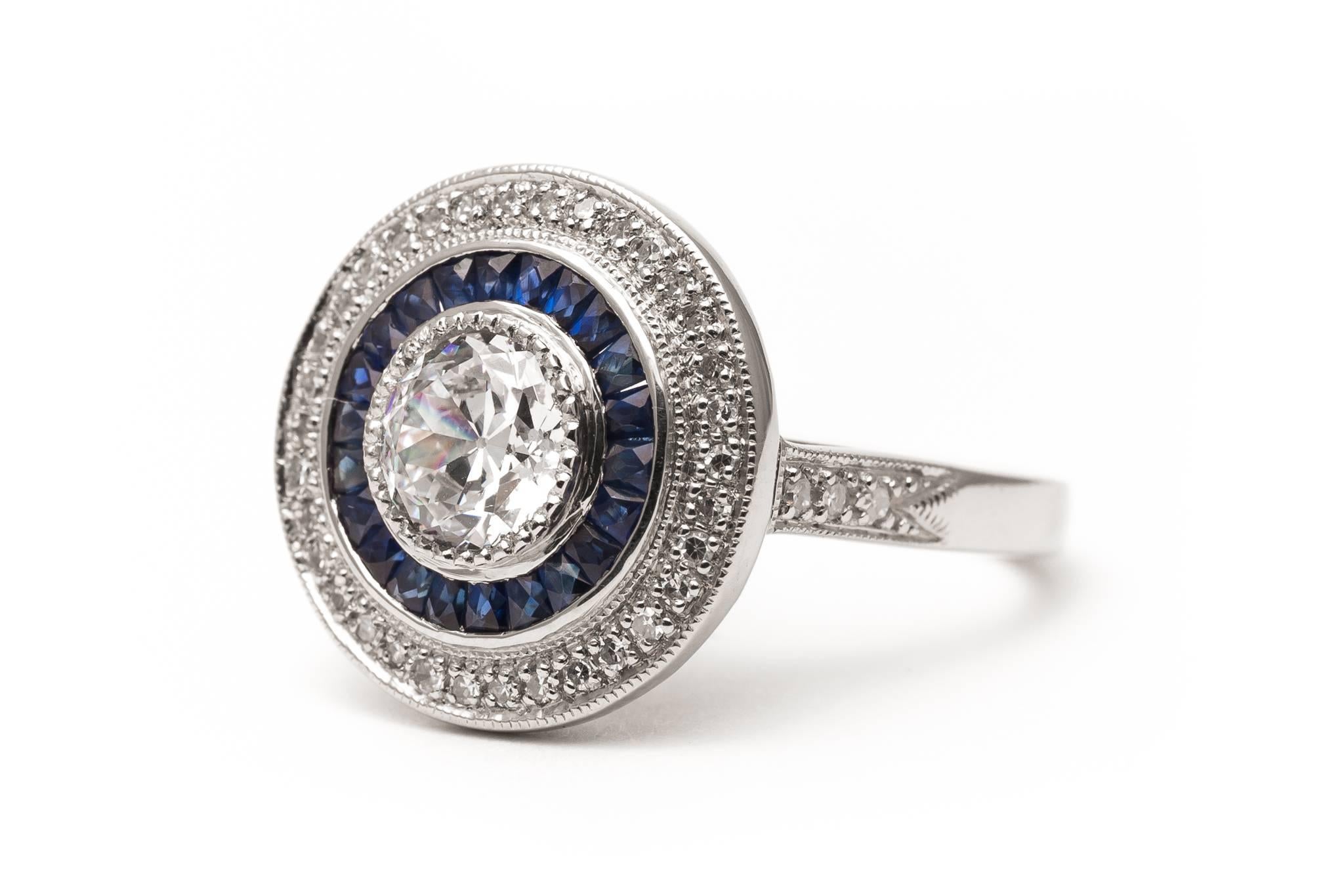Striking Double Halo Diamond and Sapphire Target Ring in Platinum In Excellent Condition For Sale In Boston, MA