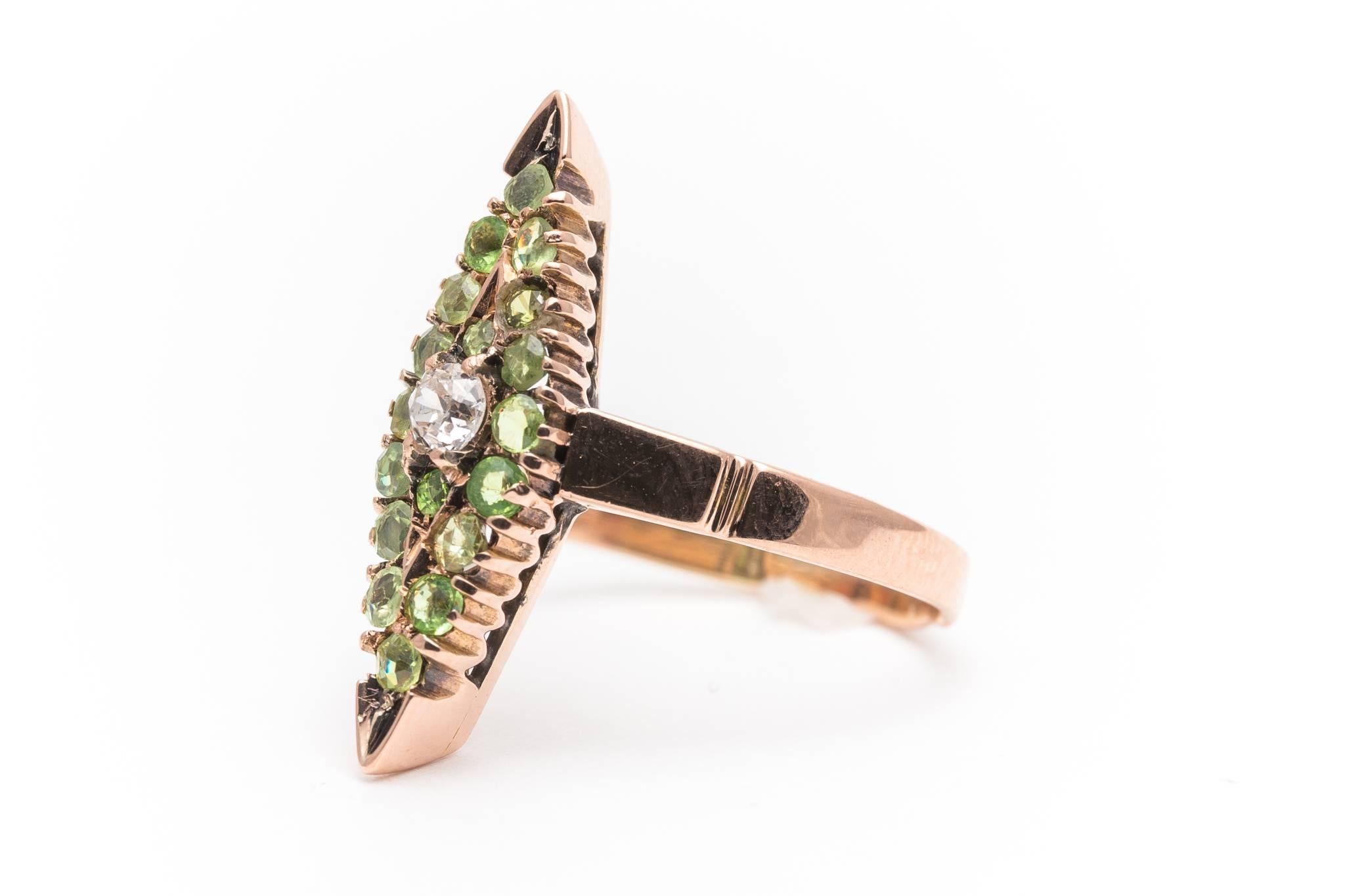 Marquise Cut Russian Victorian Demantoid Garnet Diamond Gold Ring For Sale