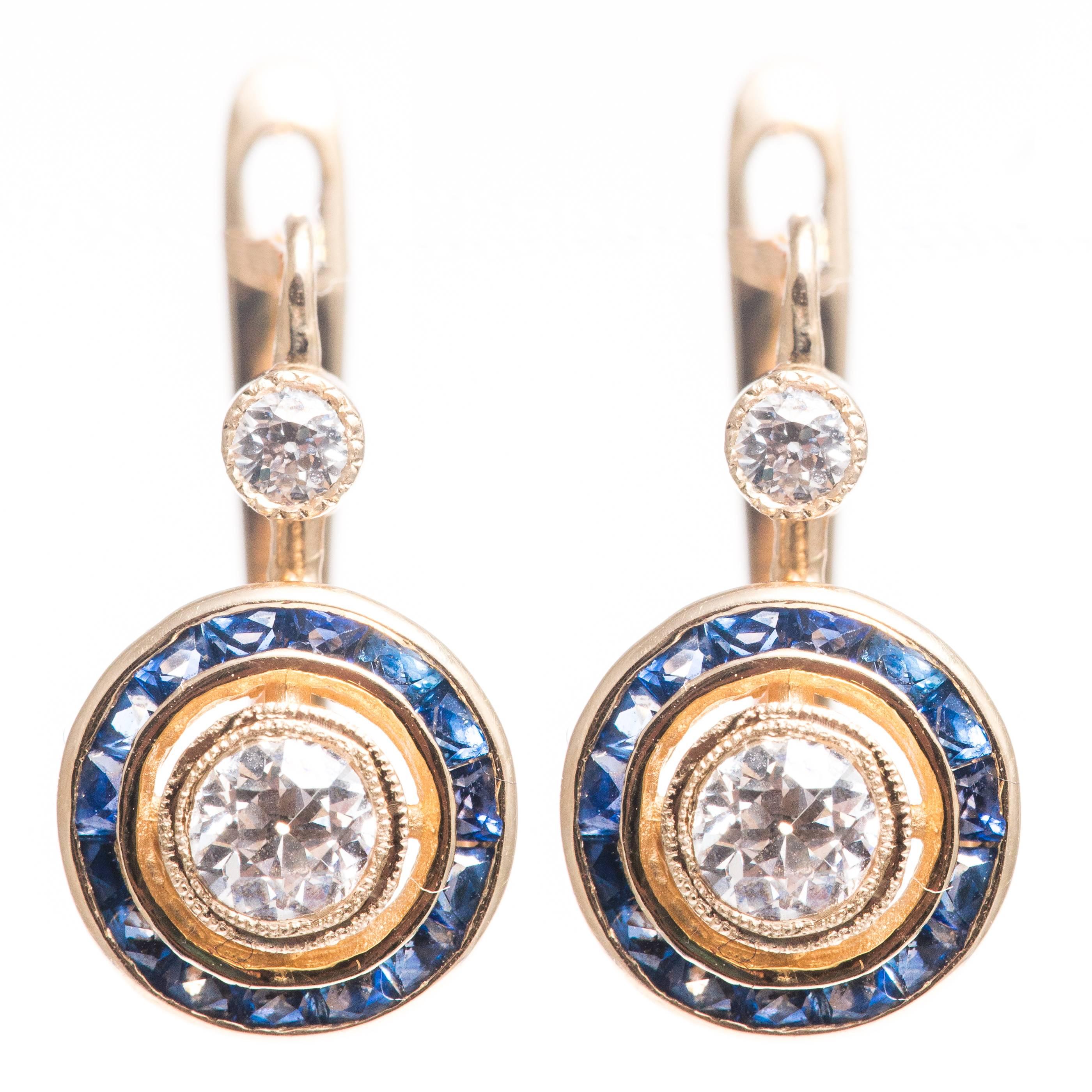 Striking French Cut Sapphire and Diamond Earrings in Yellow Gold For Sale