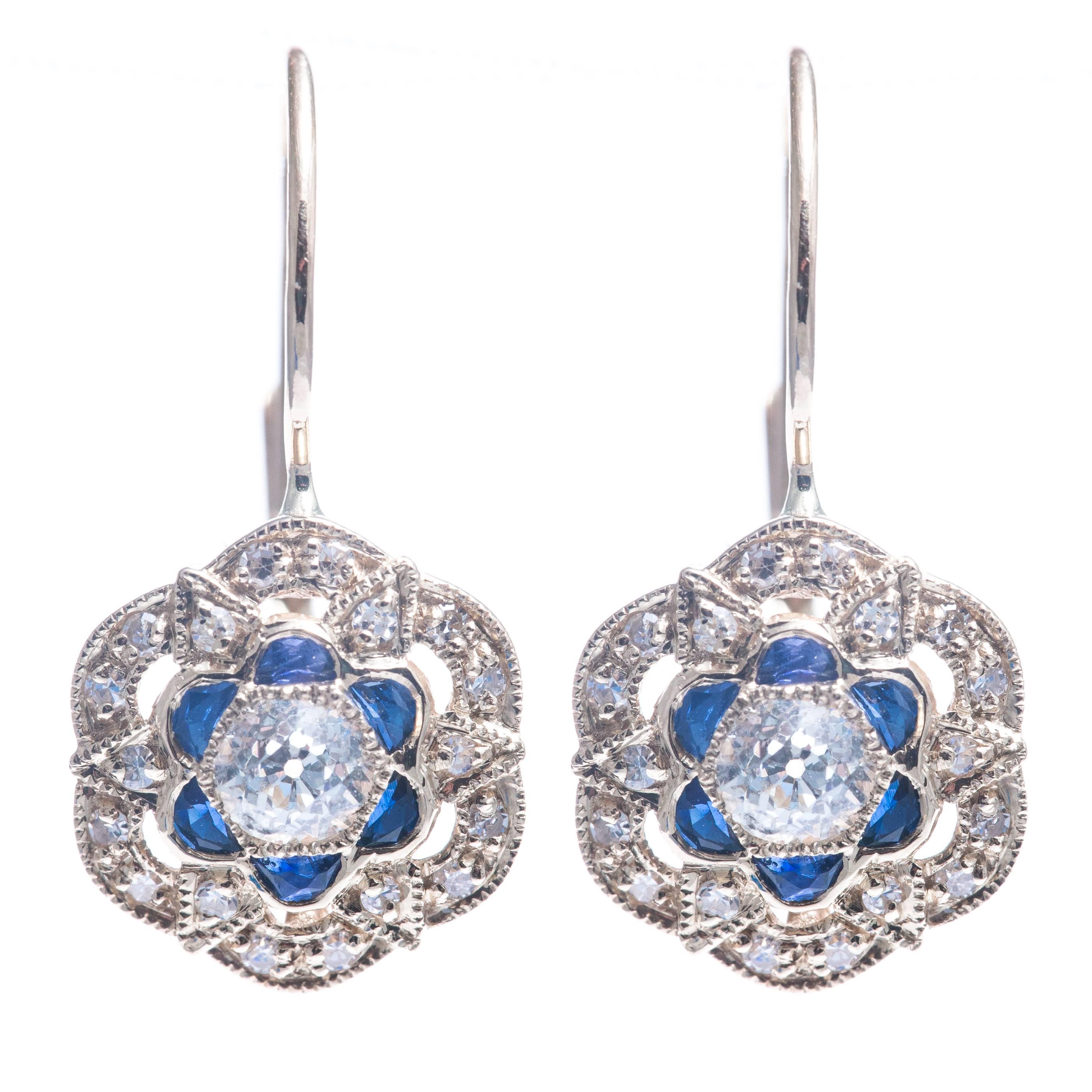 Sparkling Diamond and Sapphire Flower Earrings in White Gold