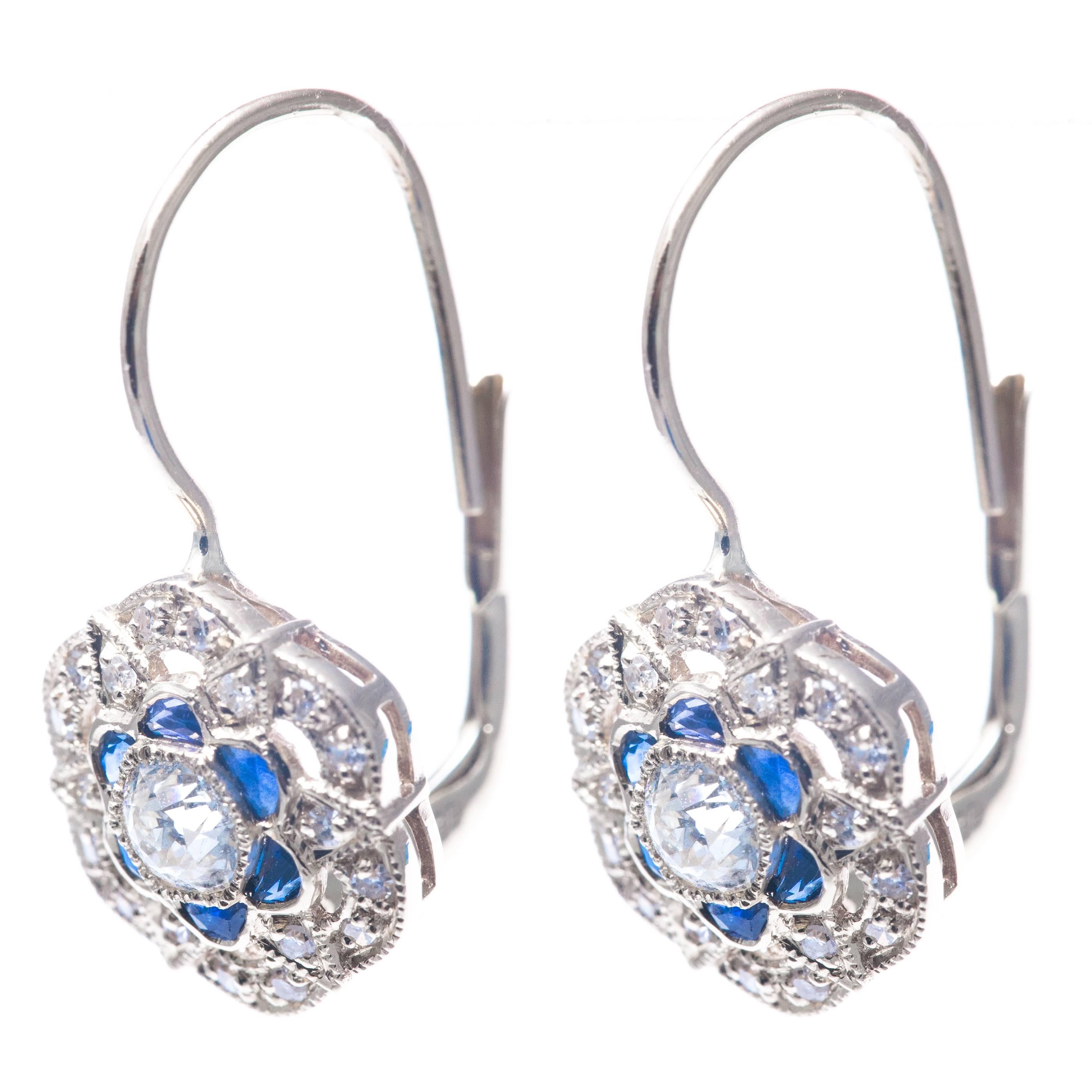 Sparkling Diamond and Sapphire Flower Earrings in White Gold In Excellent Condition In Boston, MA