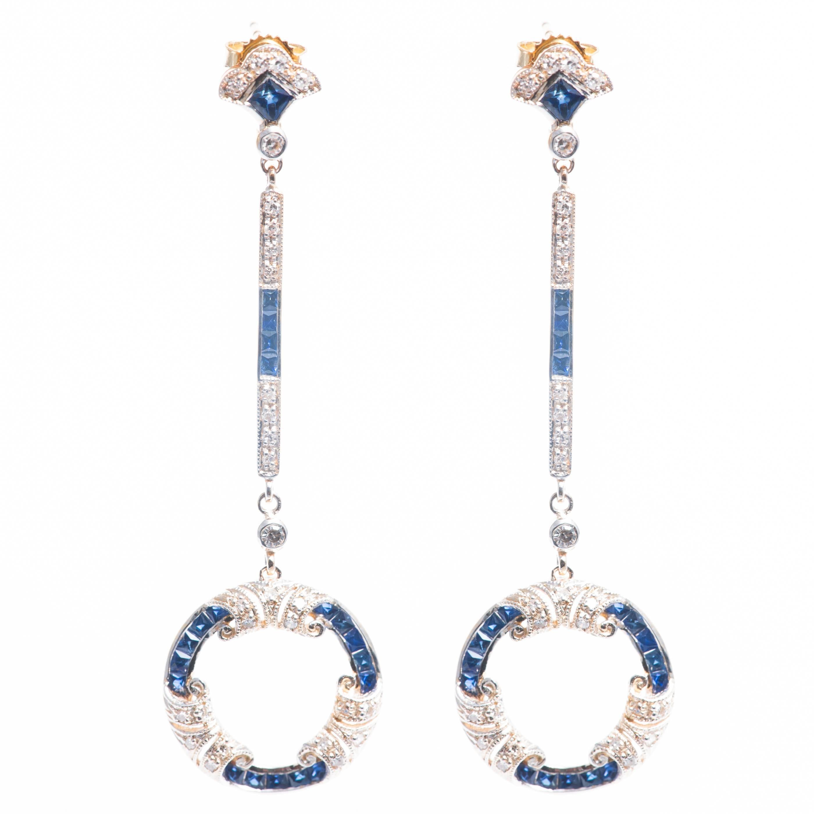 Platinum Topped French Cut Sapphire and Diamond Dangle Earrings