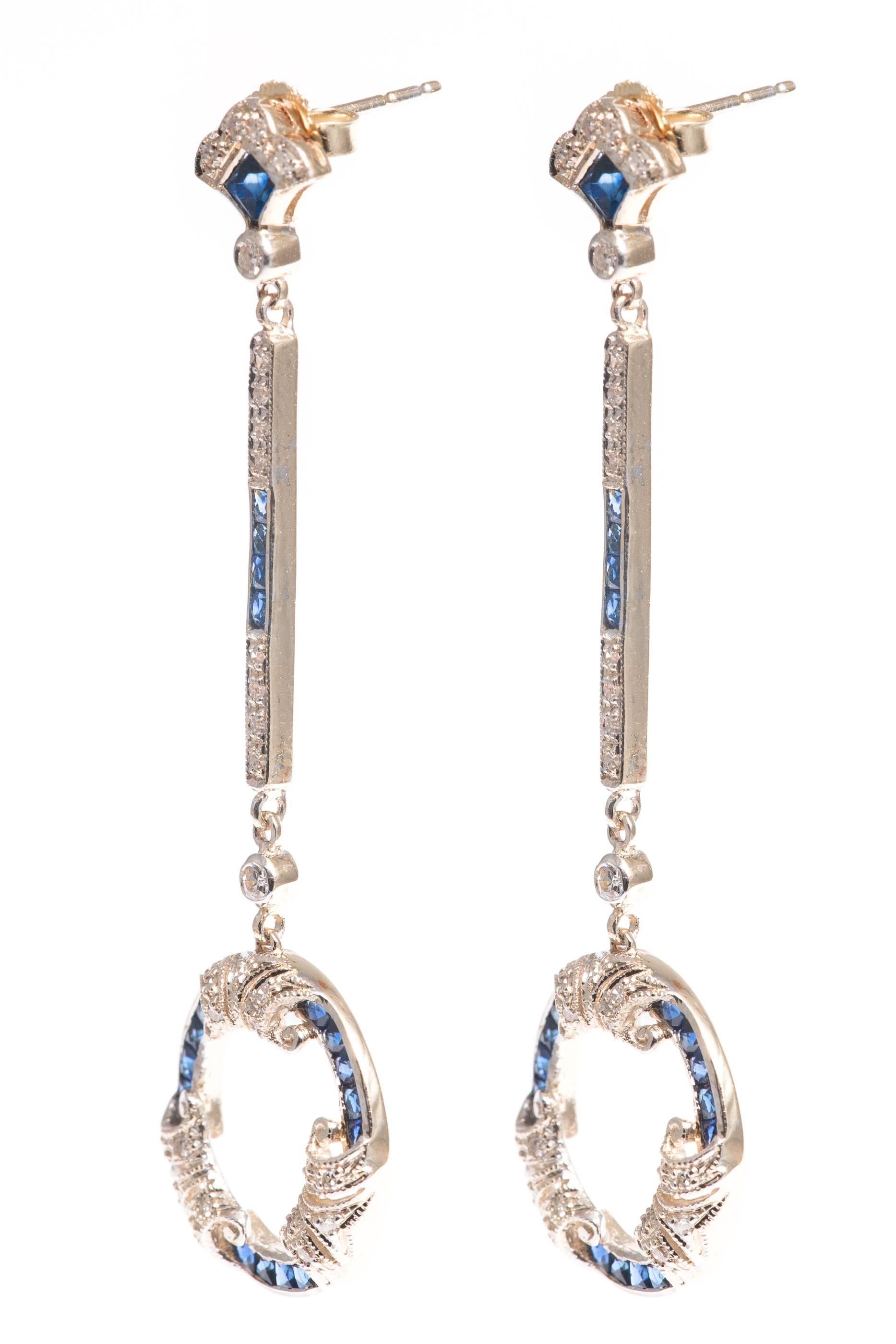 Platinum Topped French Cut Sapphire and Diamond Dangle Earrings In Excellent Condition In Boston, MA