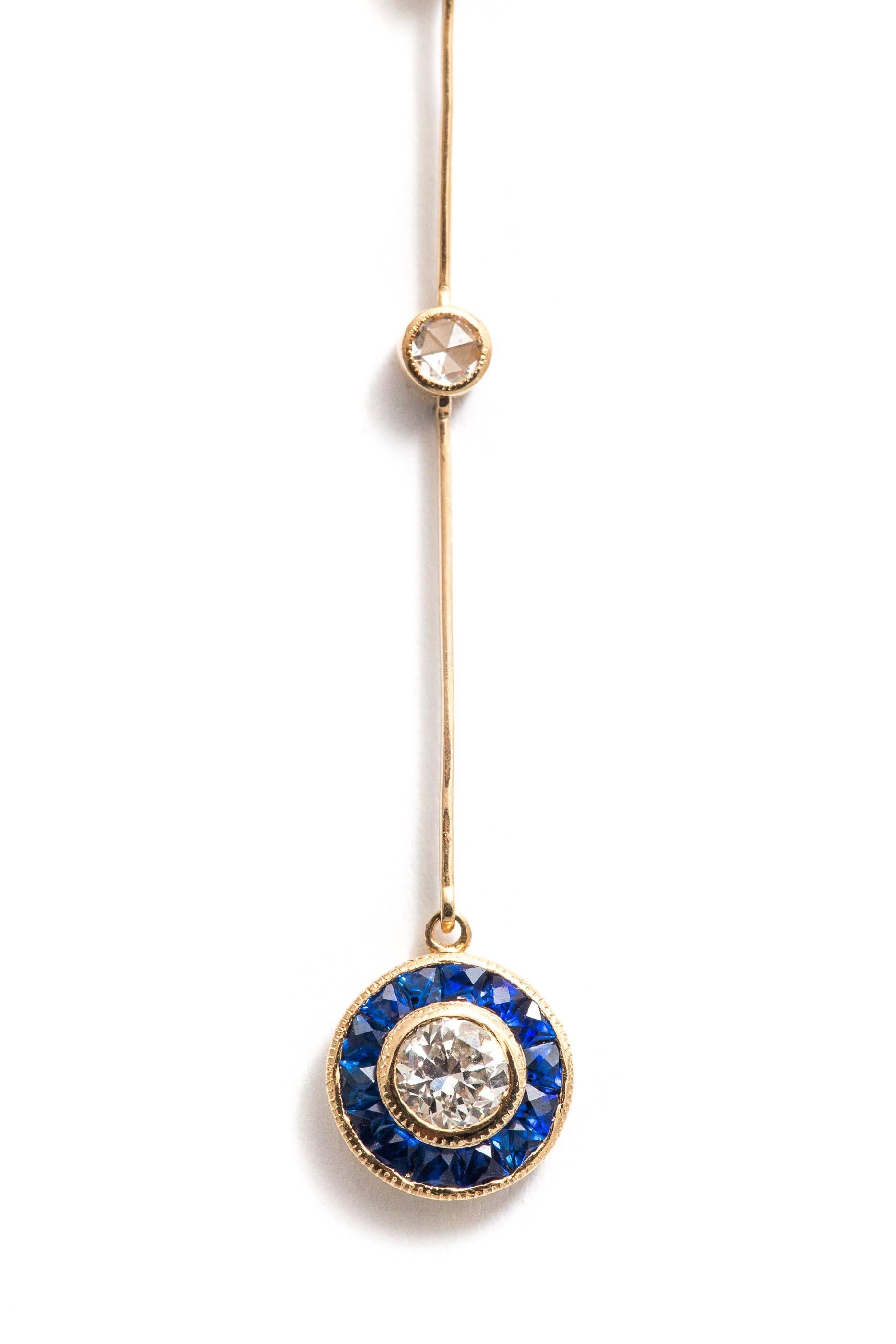 Exquisite French Cut Sapphire Diamond Yellow Gold Drop Necklace In Excellent Condition For Sale In Boston, MA