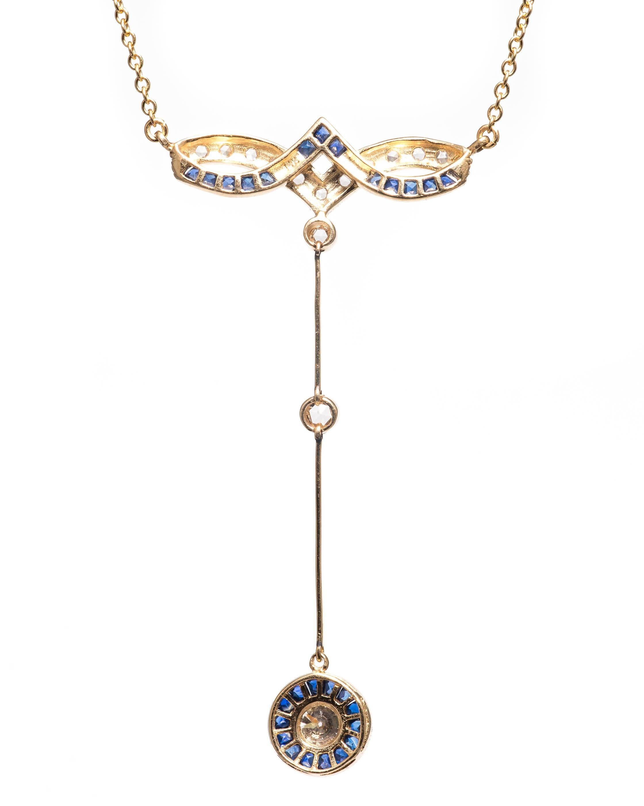 Exquisite French Cut Sapphire Diamond Yellow Gold Drop Necklace For Sale 1