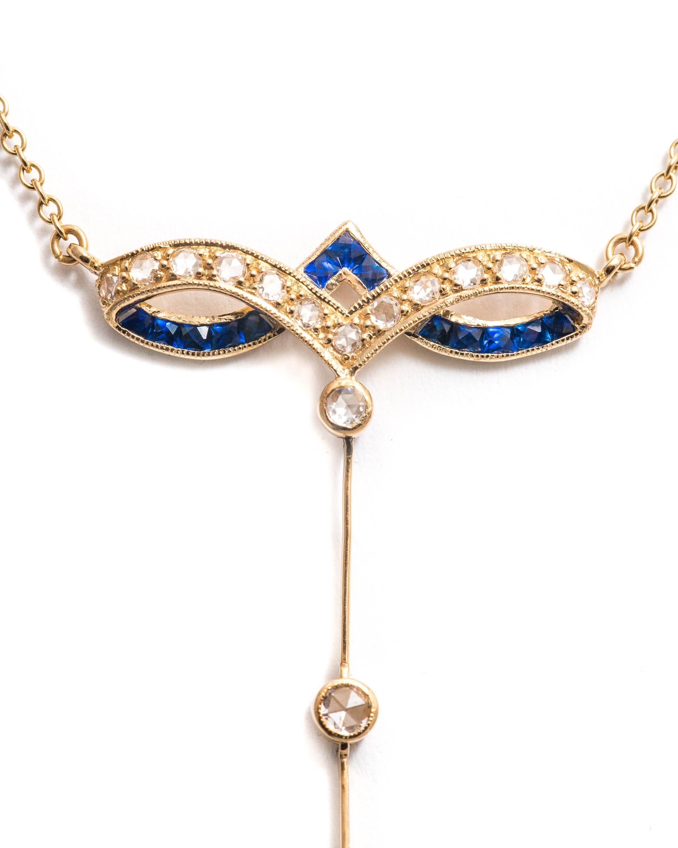Women's Exquisite French Cut Sapphire Diamond Yellow Gold Drop Necklace For Sale