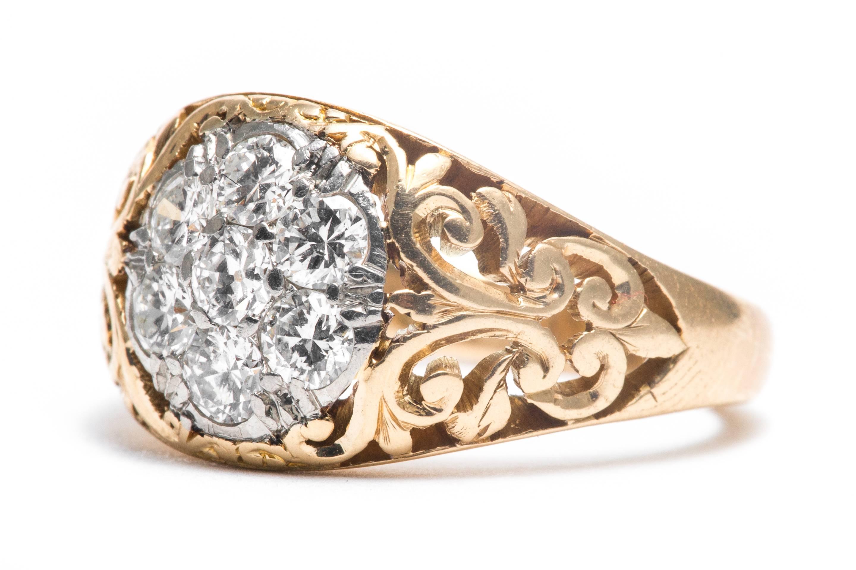 Old European Cut Art Nouveau Diamond Gold Platinum Scroll Work Cluster Ring