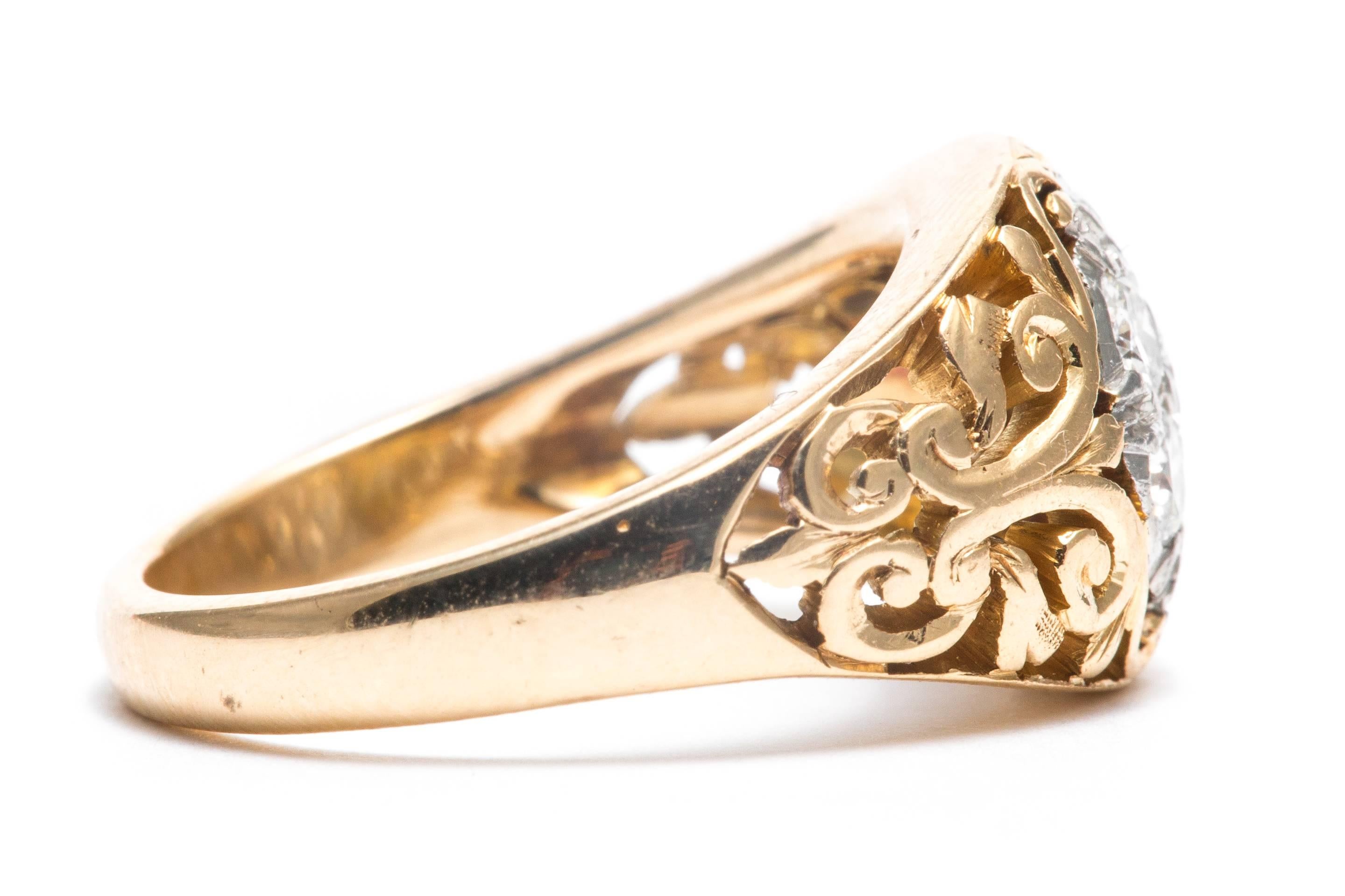 Art Nouveau Diamond Gold Platinum Scroll Work Cluster Ring In Excellent Condition In Boston, MA